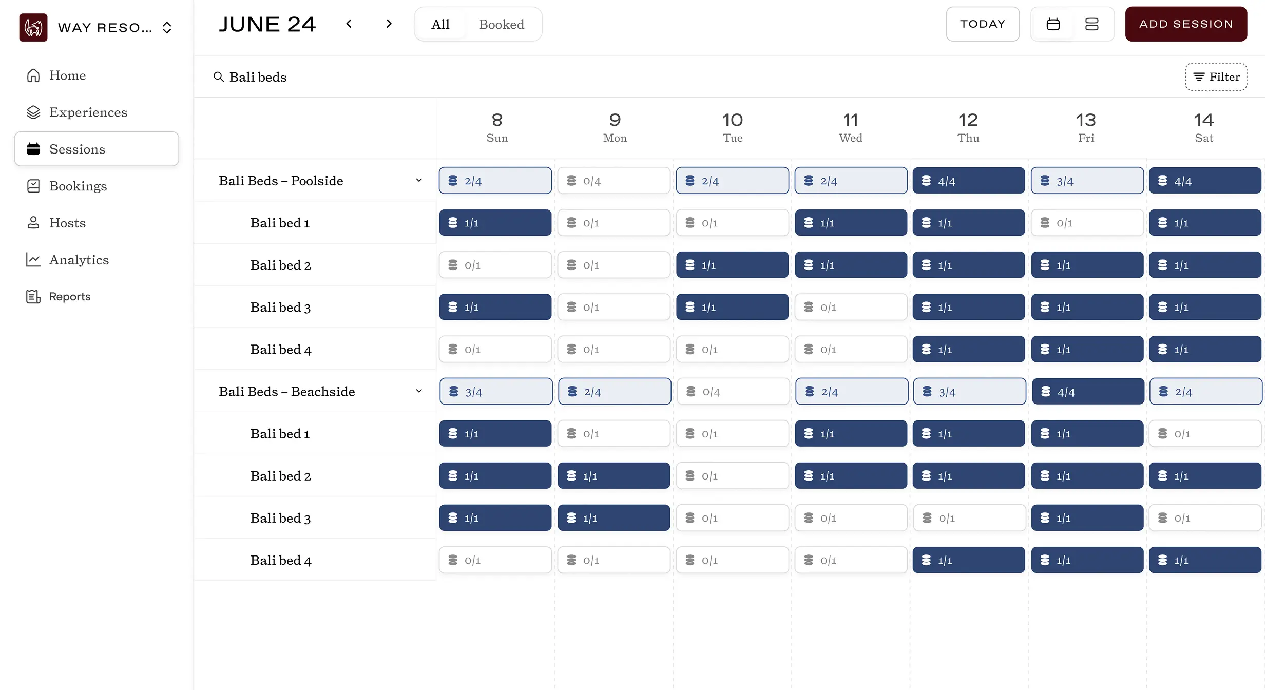A sceenshot of a webpage showing Way's Reserve product interface, wherein a hotel can see how its poolside and beachside cabana resources are being allocated.