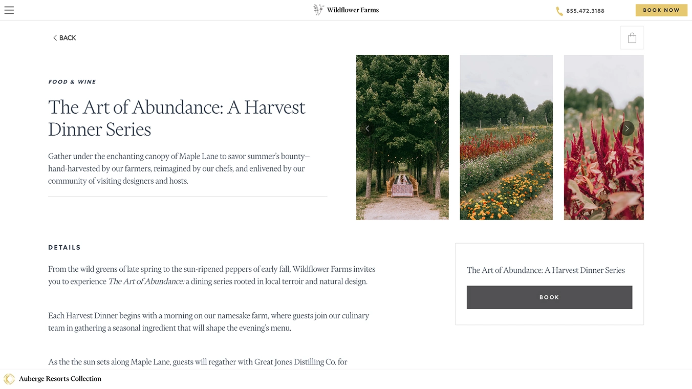 A screenshot of a webpage from WIldflower Farms, Auberge Resorts Collection featuring a bookable experience titled Hudson Valley in Bloom: Floral Design Workshop with Ariella Chezar. In includes a large beautiful photo of Ariella reaching out and touching the branch of a creeping vine abloom with flowers.