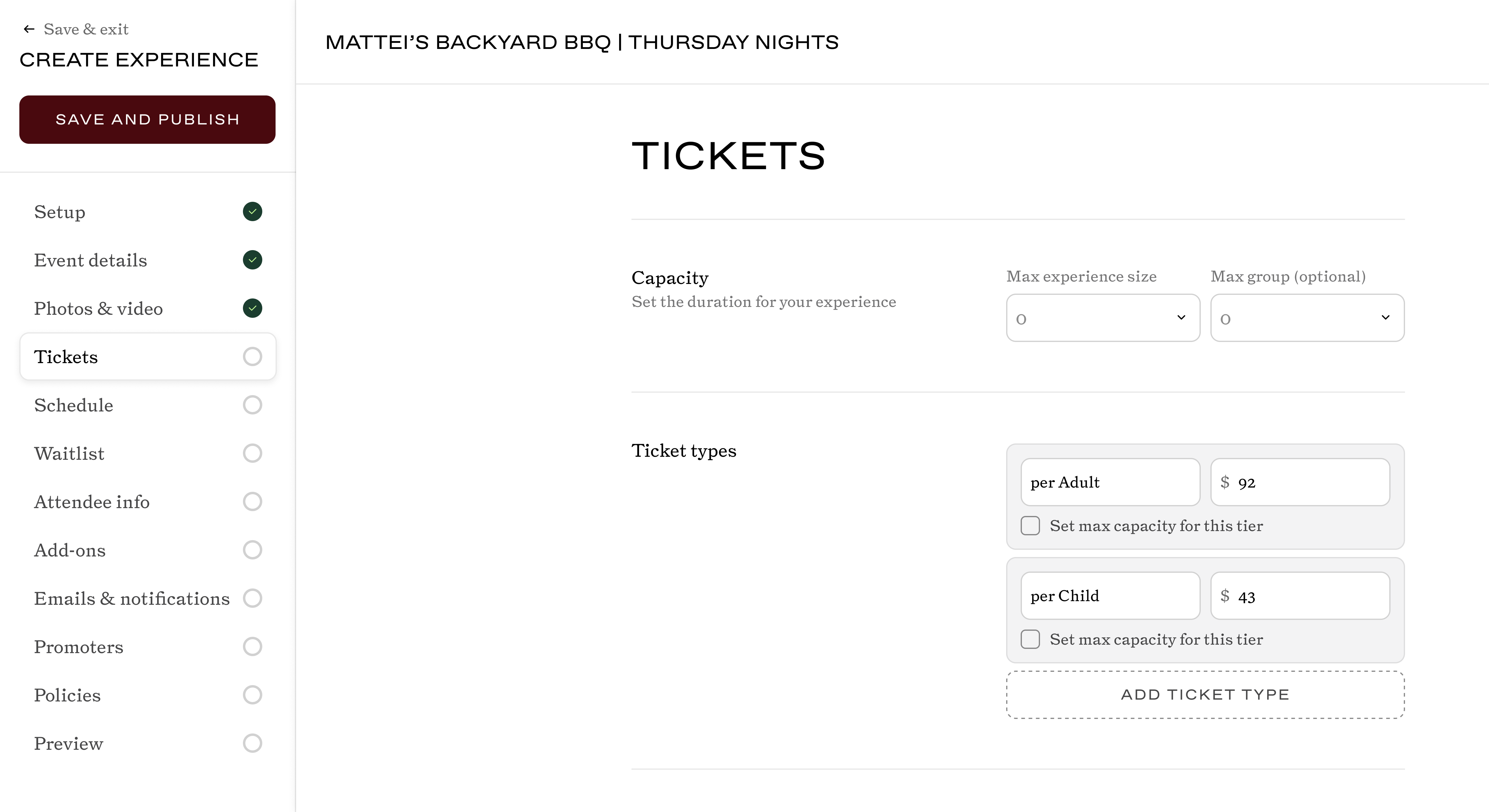 A screenshot of a webpage showcasing Way's Activate product interface. This typifies the backend view hotel operations would see when setting up ticketing for a bookable experience.