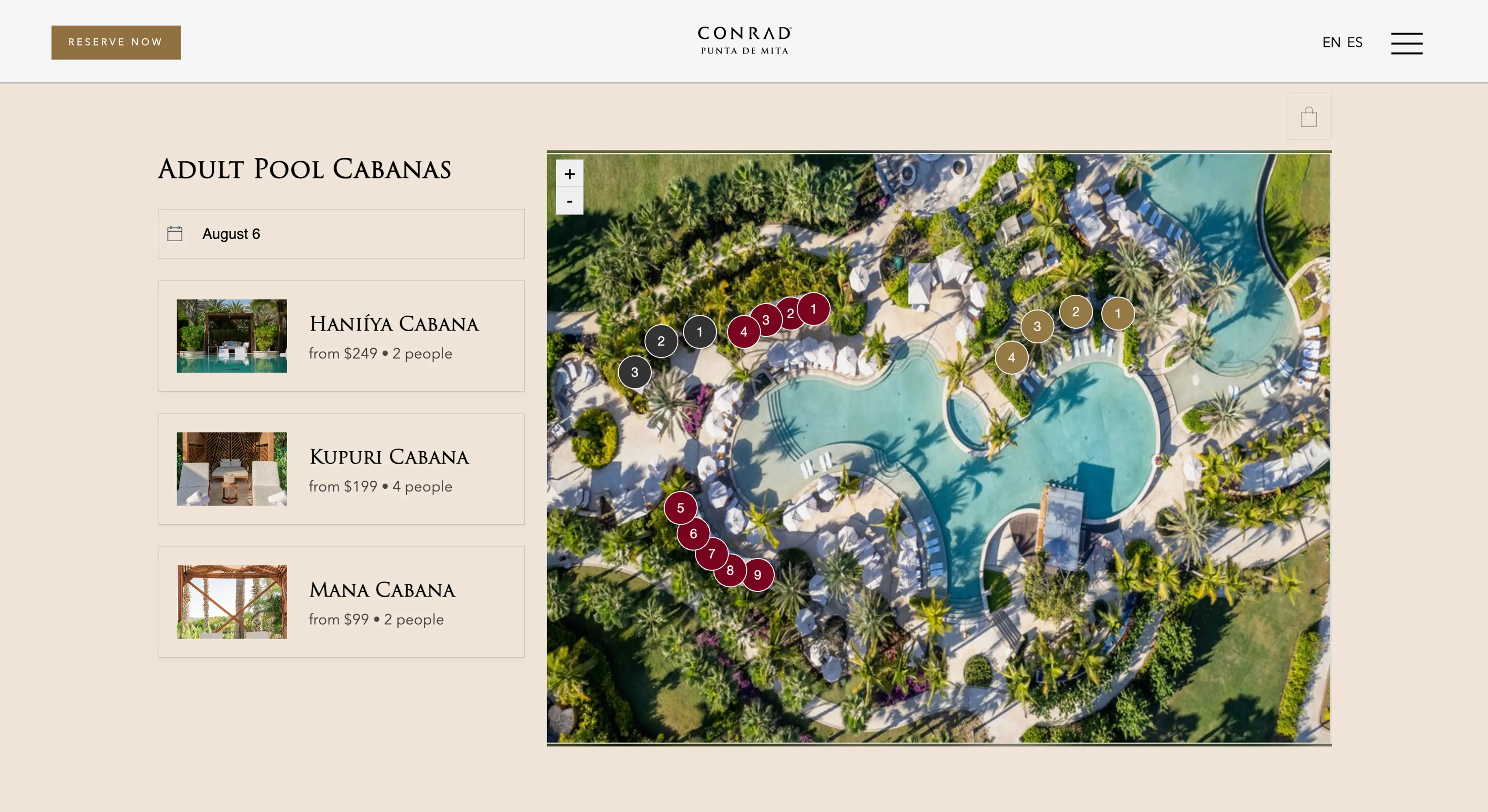 A screenshot of a webpage showing guests which adult pool cabanas are available at Conrad Puta de Mista. The webpage includes a helpful photo map of the hotel's expansive pool and the location of each cabana.