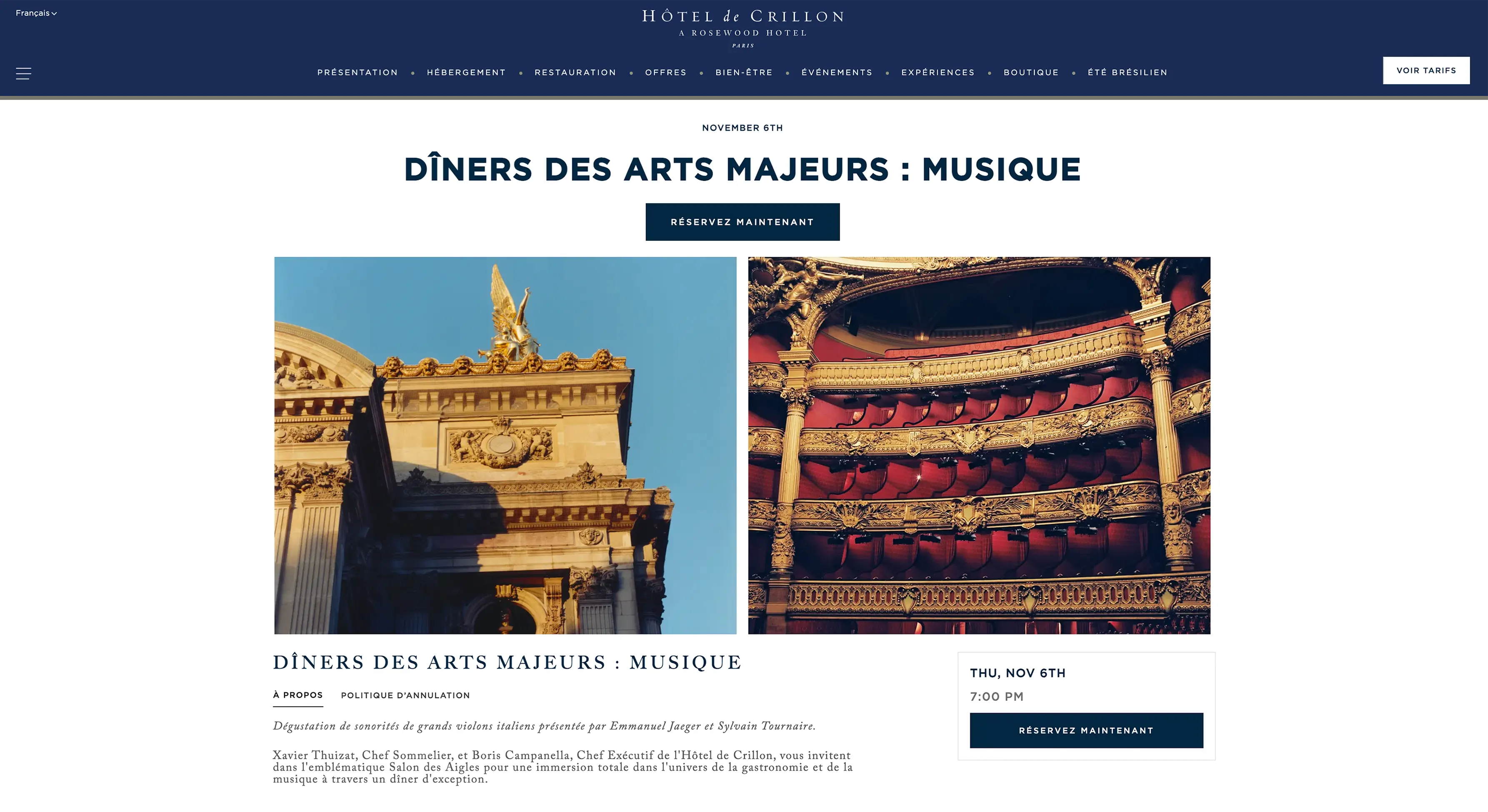 A screenshot of a webpage showcasing a bookable high-end culinary experience offered by the Hôtel de Crillon in Paris, France. It shows that one may purchase a ticket to this event.