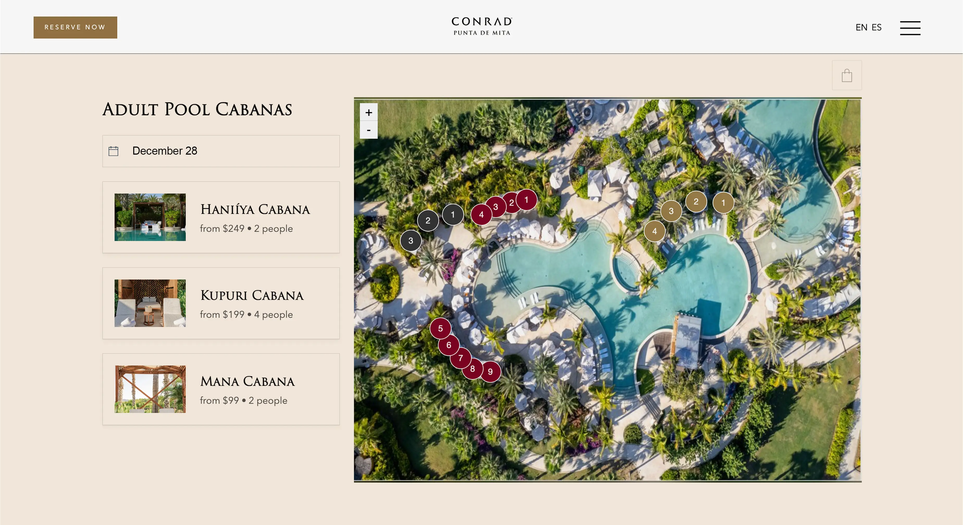 A screenshot of a webpage showing guests which adult pool cabanas are available at Conrad Puta de Mista. The webpage includes a helpful photo map of the hotel's expansive pool and the location of each cabana.