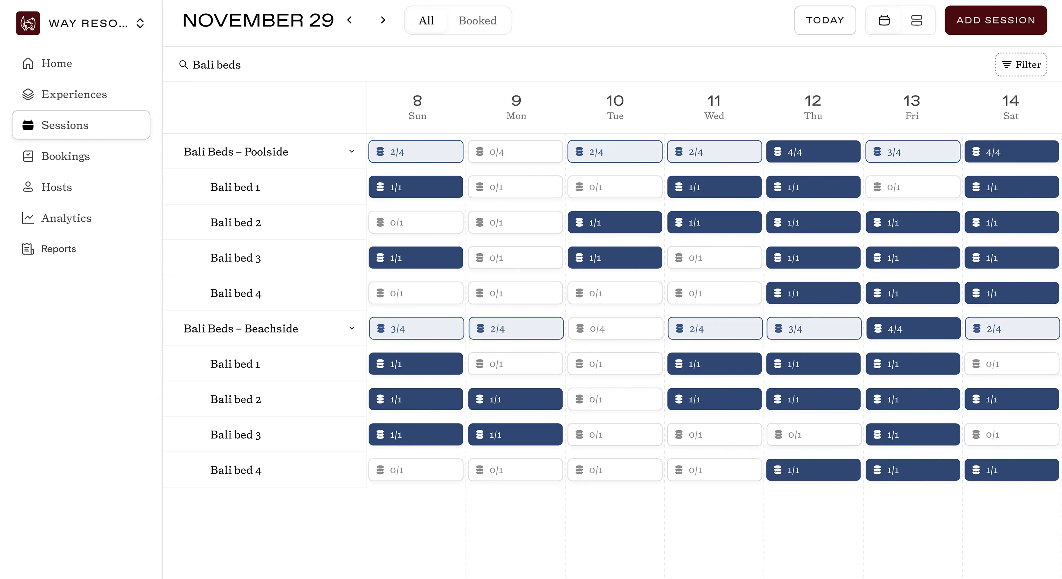 A sceenshot of a webpage showing Way's Reserve product interface, wherein a hotel can see how its poolside and beachside cabana resources are being allocated.