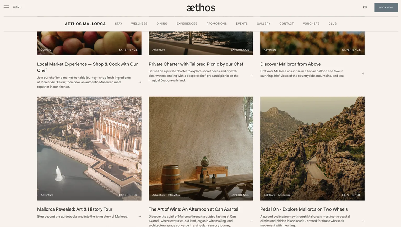 A screenshot of a webpage from WIldflower Farms, Auberge Resorts Collection featuring a bookable experience titled Hudson Valley in Bloom: Floral Design Workshop with Ariella Chezar. In includes a large beautiful photo of Ariella reaching out and touching the branch of a creeping vine abloom with flowers.