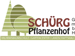 Logo mit grünen Baum-Silhouetten und dem Text 'SCHÜRG Pflanzenhof' sowie dem Slogan 'Erlebnisbaumschule | Gartencenter | Landschaftsbau'.