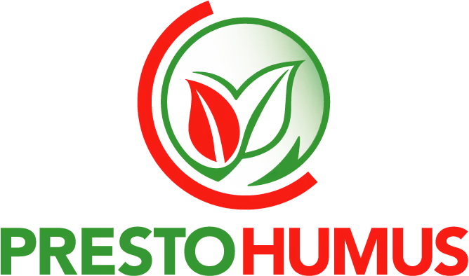 Logo mit zwei stilisierten Blättern in einem grünen Kreis, umgeben von einem roten halbkreisförmigen Rahmen, mit dem Text PRESTOHUMUS darunter in Grün und Rot.