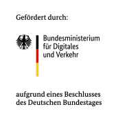 Logo des Bundesministeriums für Digitales und Verkehr mit Bundesadler und deutschem Farbstreifen, gefördert aufgrund eines Beschlusses des Deutschen Bundestages.