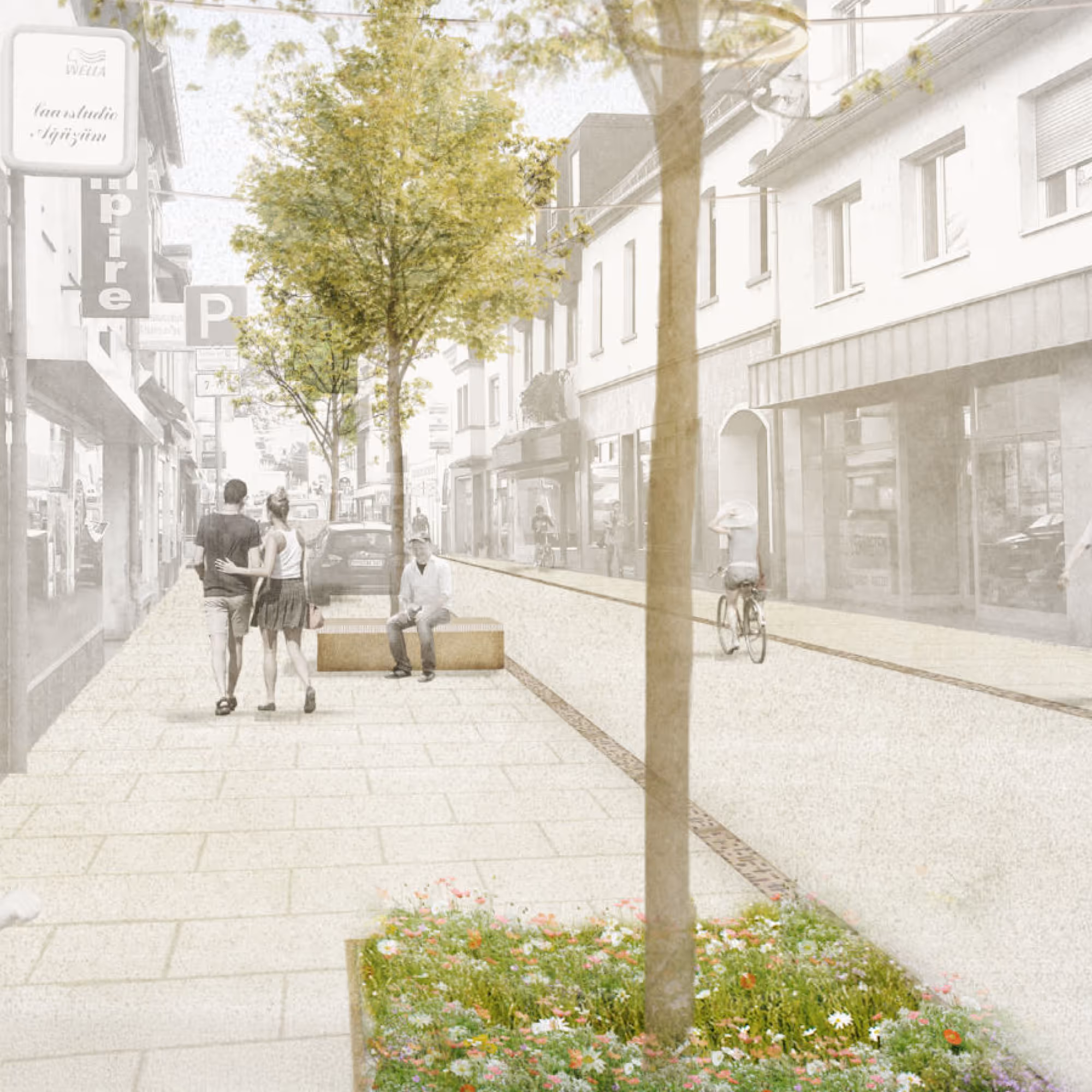 Stadtstraße mit Fußgängerbereich, Bäumen, Blumenbeeten, einer Sitzbank und Menschen, die spazieren gehen und Fahrrad fahren.