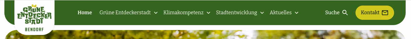 Website-Menüleiste mit grünem Logo 'Grüne Entdeckerstadt Bendorf' und Navigationsoptionen: Home, Grüne Entdeckerstadt, Klimakompetenz, Stadtentwicklung, Aktuelles, Suche und Kontakt.
