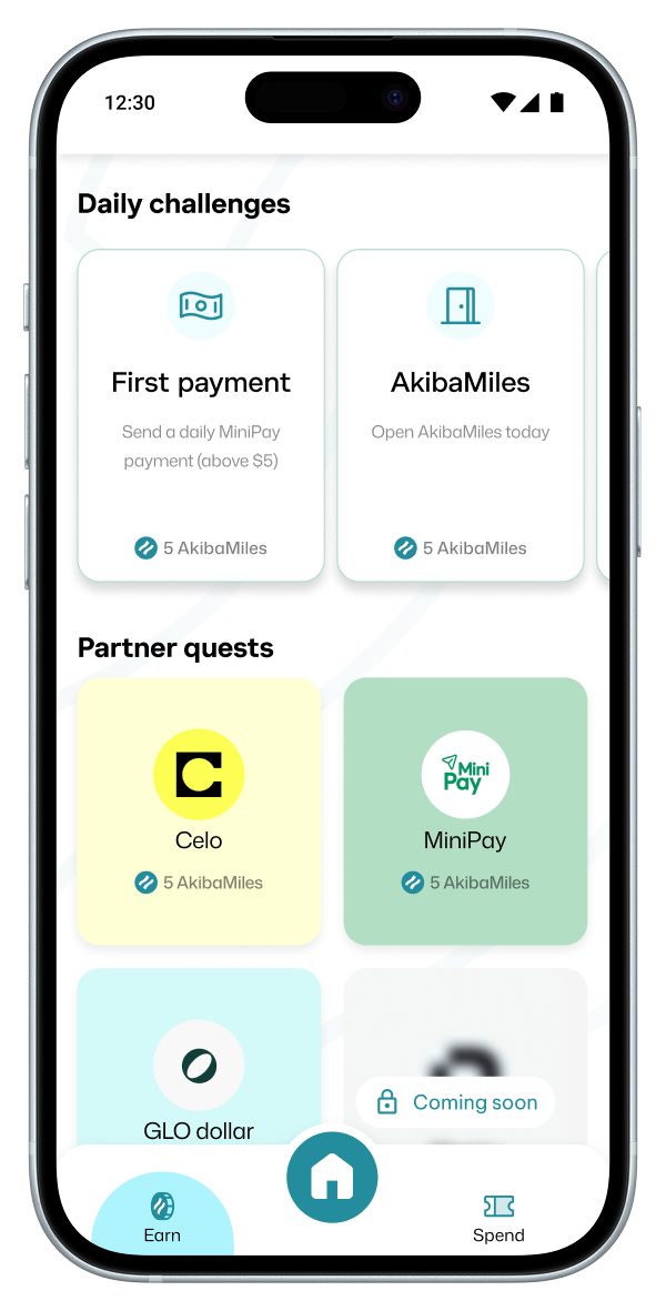 AkibaMiles Homepage in MiniPay App