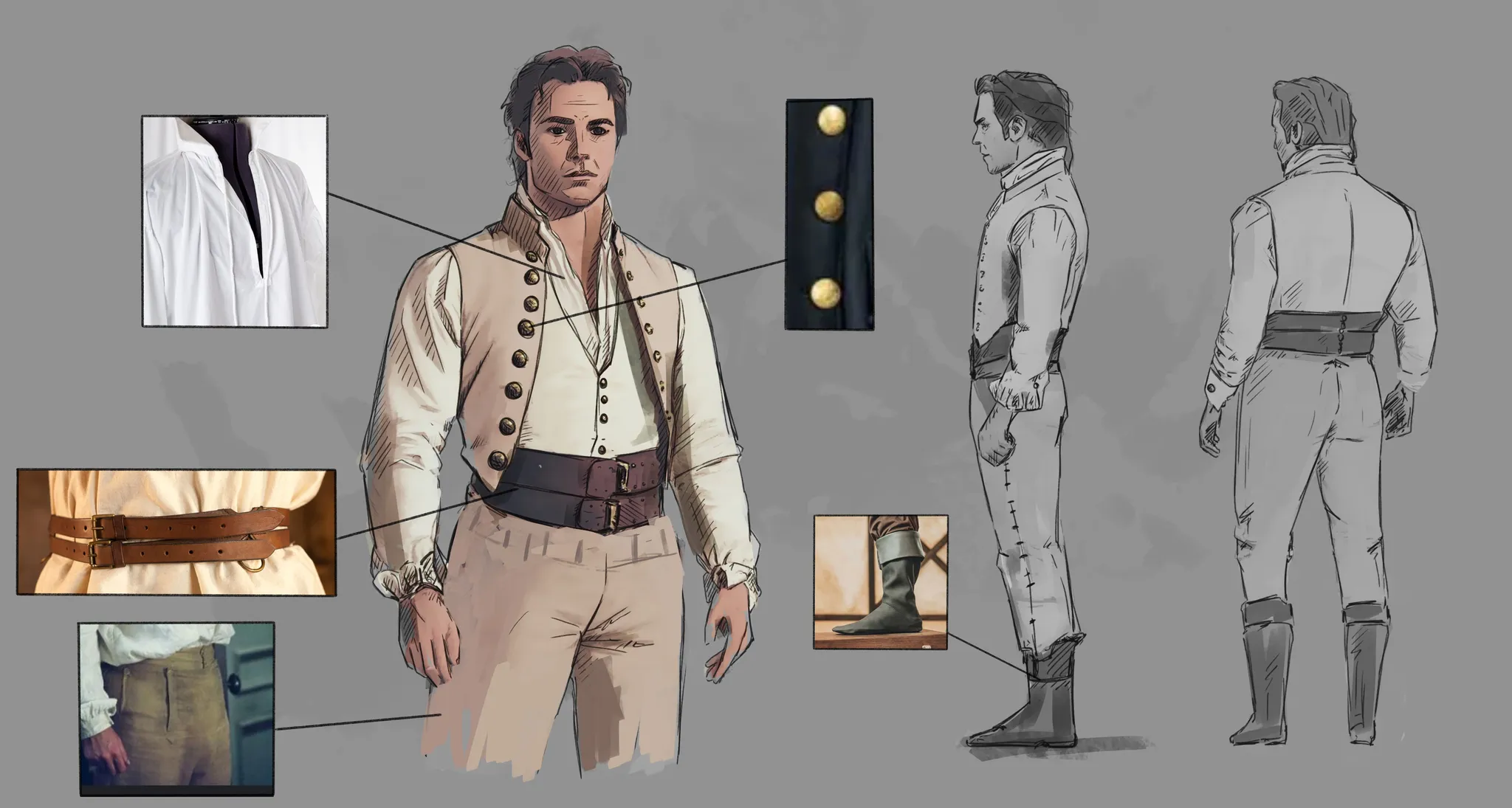 Detailed concept art of an 18th century sailor's suit with front, profile and back views, including shirt, vest with gold buttons, leather belt, pants and boots, for the immersive Le Port de la Lune experience