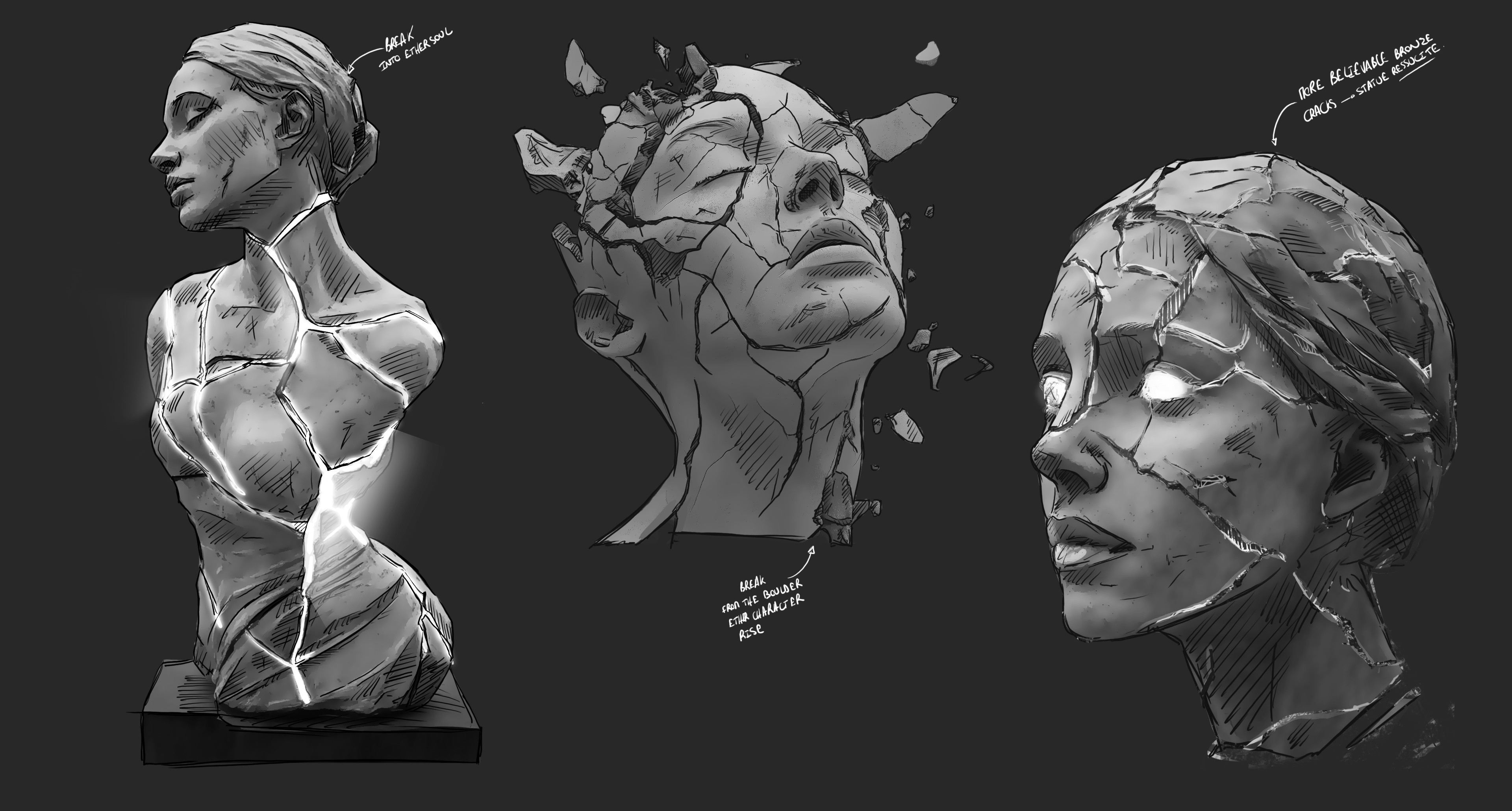 Black and white concept art showing the evolution of a cracked and exploded female statue, representing Modeste Testas in the immersive mixed reality experience Port of the Moon