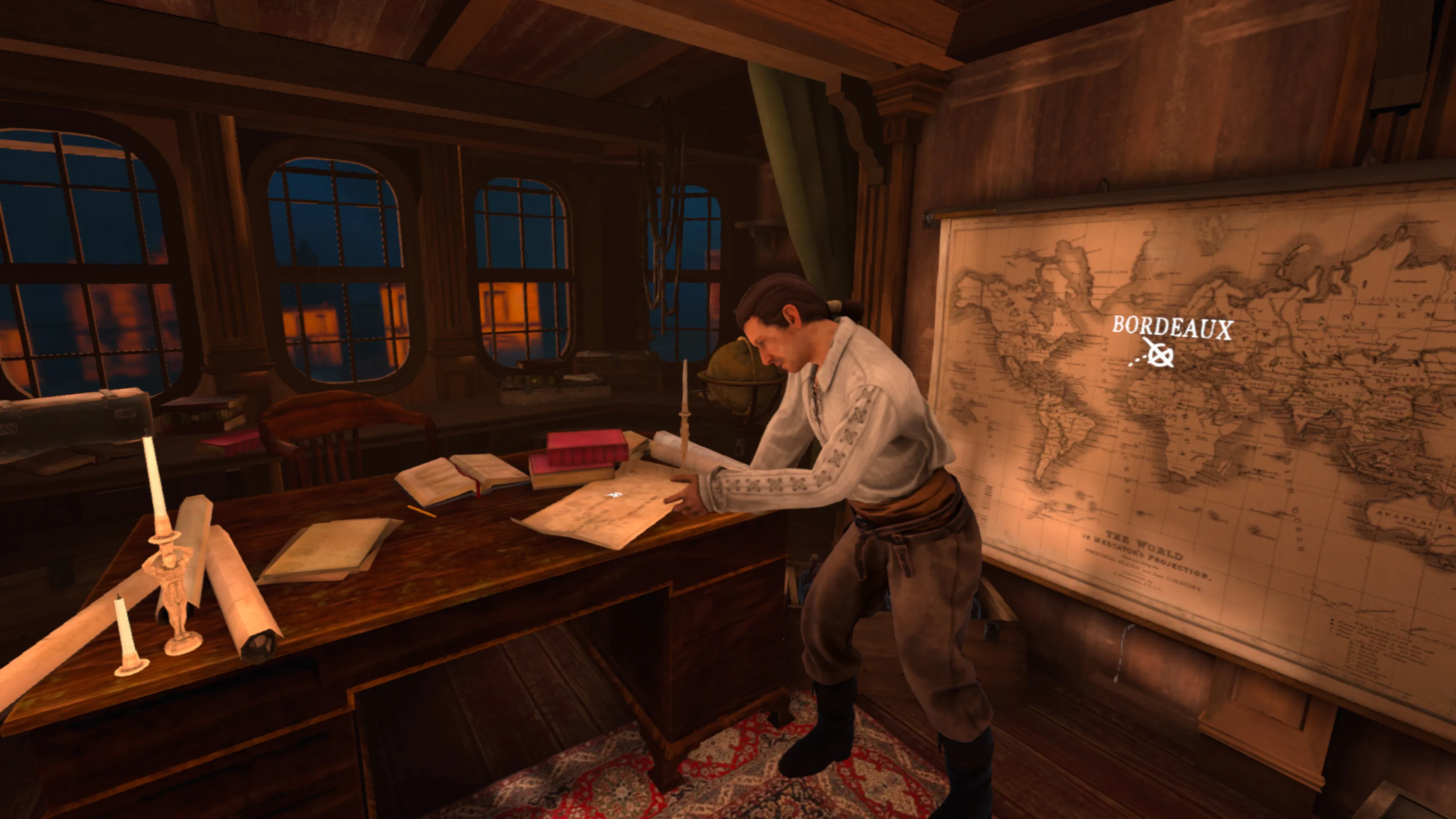 18th century sailor studying maritime charts in the captain's cabin, aboard a slave ship leaving from Bordeaux, immersive scene in virtual reality