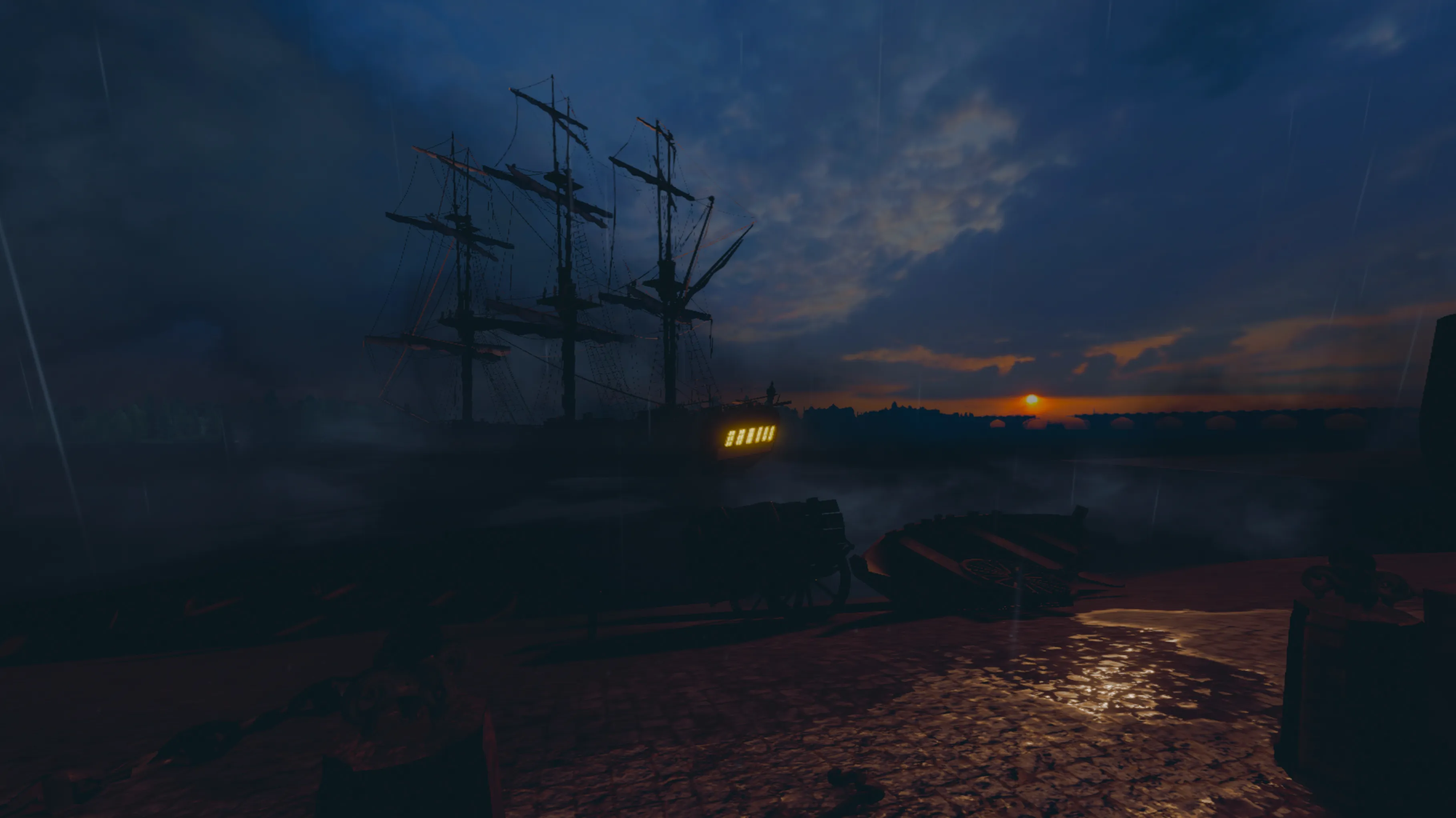Large illuminated historic ship sailing at dusk on the quays of Bordeaux in the 18th century, immersive scene in virtual reality