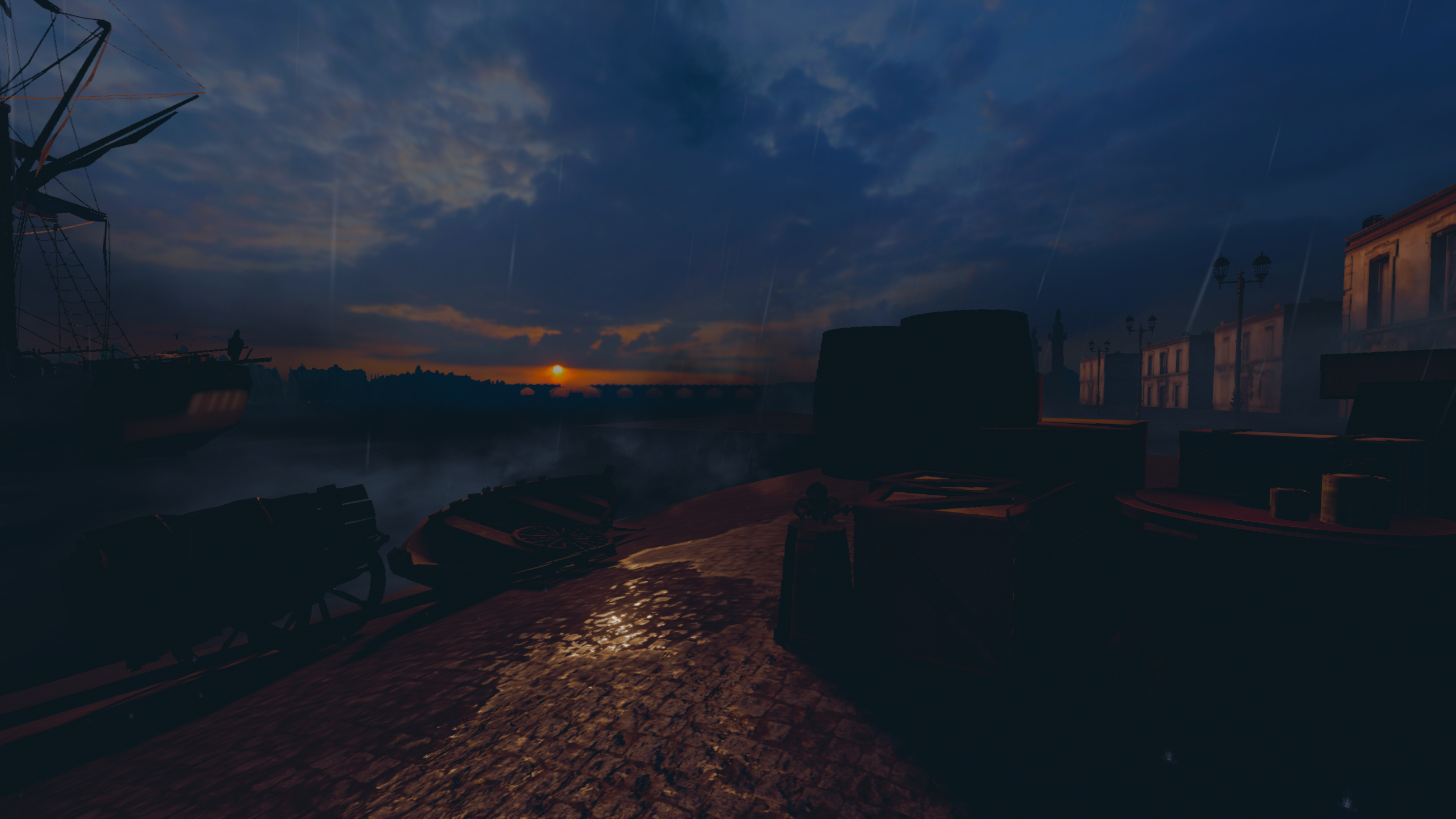 Immersive sunset on the historic quays of Bordeaux in the 18th century with ship, barrels and ancient buildings, virtual reality scene