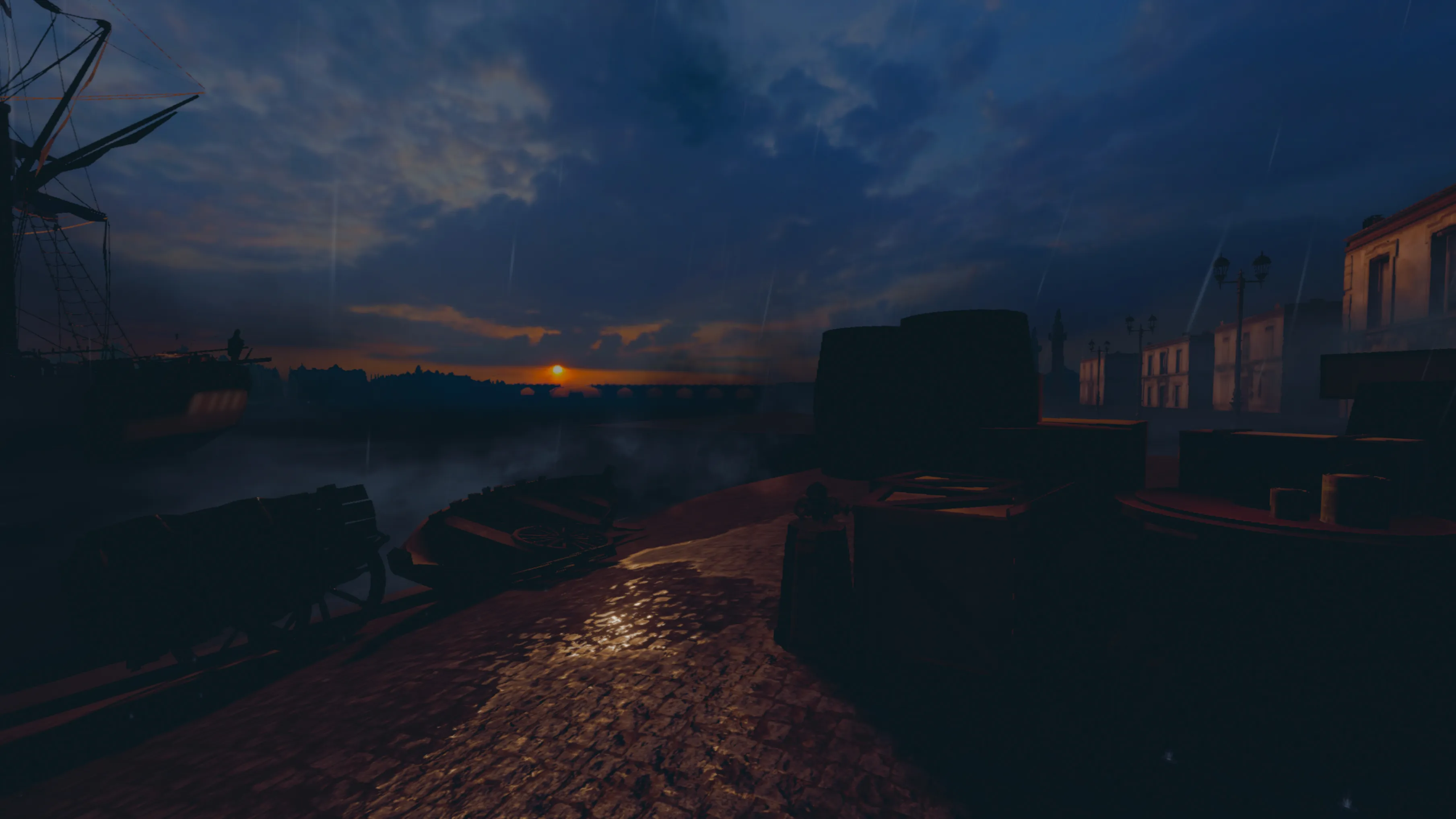Immersive sunset on the historic quays of Bordeaux in the 18th century with ship, barrels and ancient buildings, virtual reality scene