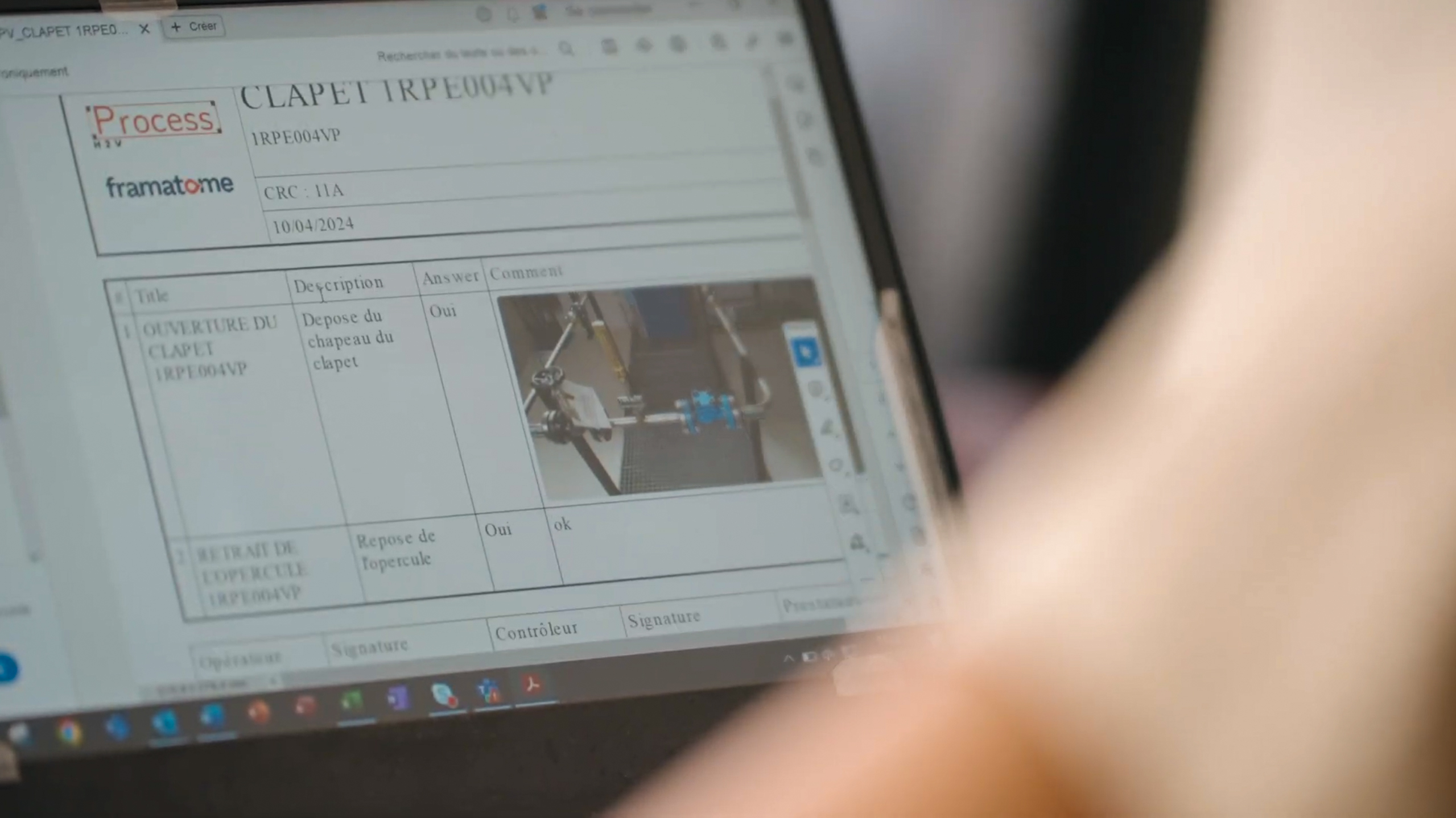 Rapport d'intervention Framatome envoyé par H2V Process automatiquement affichant une procédure de maintenance nucléaire avec visuel technique