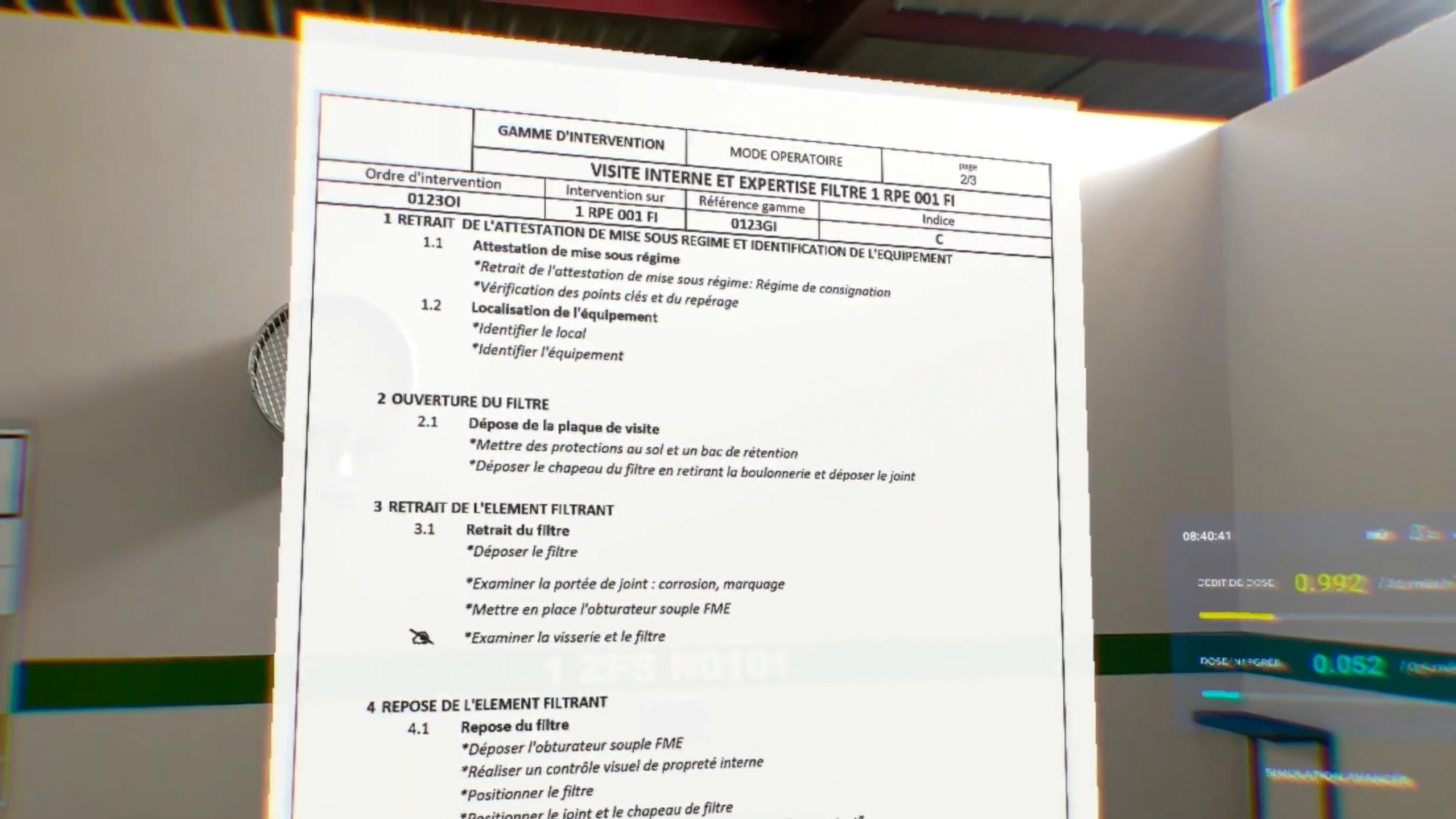Affichage tête haute H2V Assist montrant la documentation d’intervention directement dans le champ de vision de l’opérateur, pour un suivi mains libres et en temps réel des procédures.