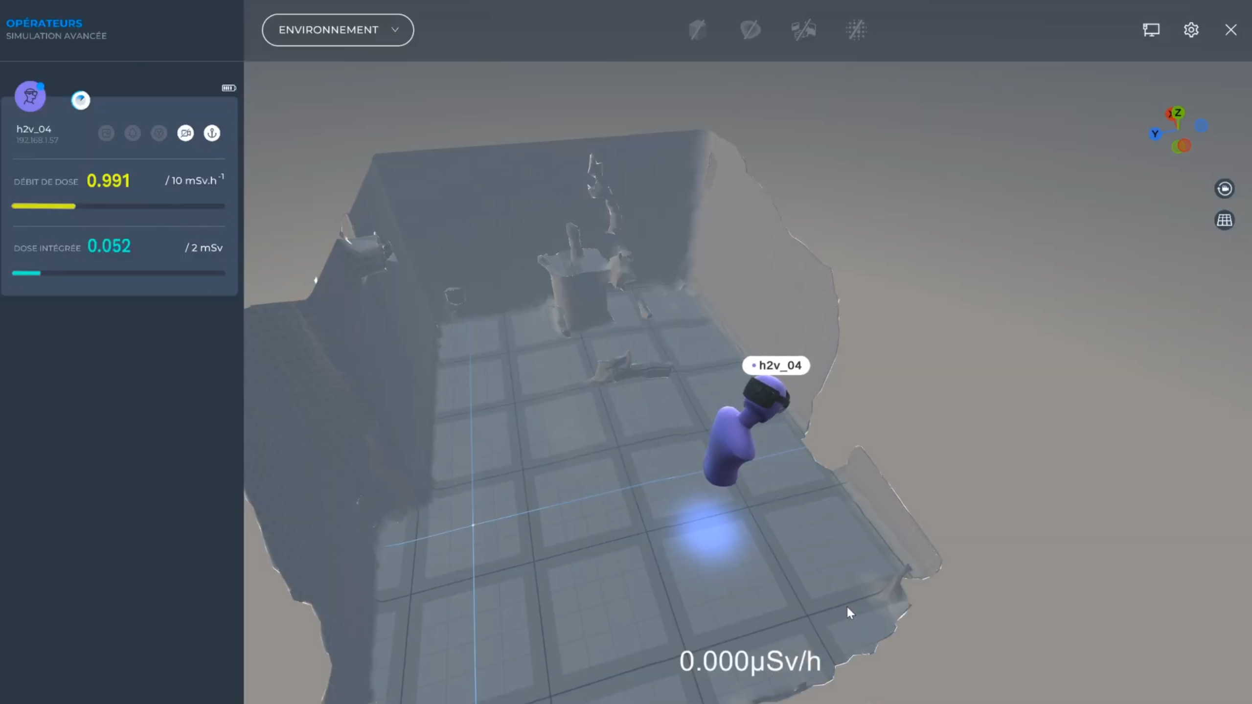 Capture d’écran de l’interface H2V montrant la vue superviseur depuis un ordinateur, avec suivi en temps réel d’un opérateur équipé d’un casque scannant l’environnement et affichage des mesures de débit et dose intégrée.