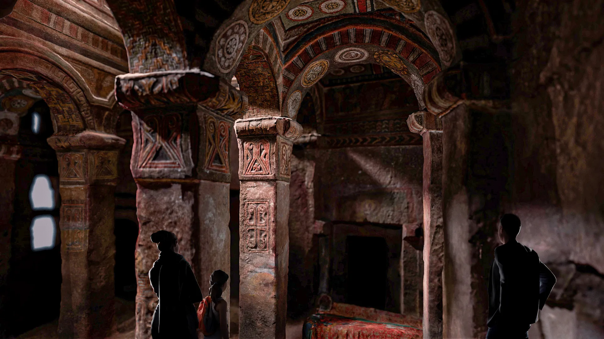 3D low poly scan of the interior of Bete Maryam Church in Ethiopia, showing carved columns and colorful frescoes