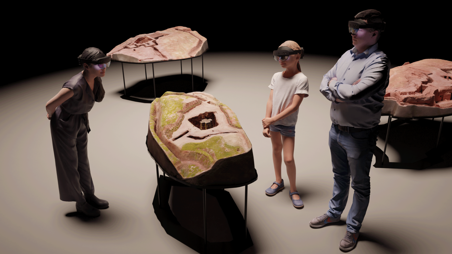 Visitors equipped with mixed reality headsets discovering the XR model of the monolithic Saint George's Church (Bete Giyorgis) in Lalibela, Ethiopia