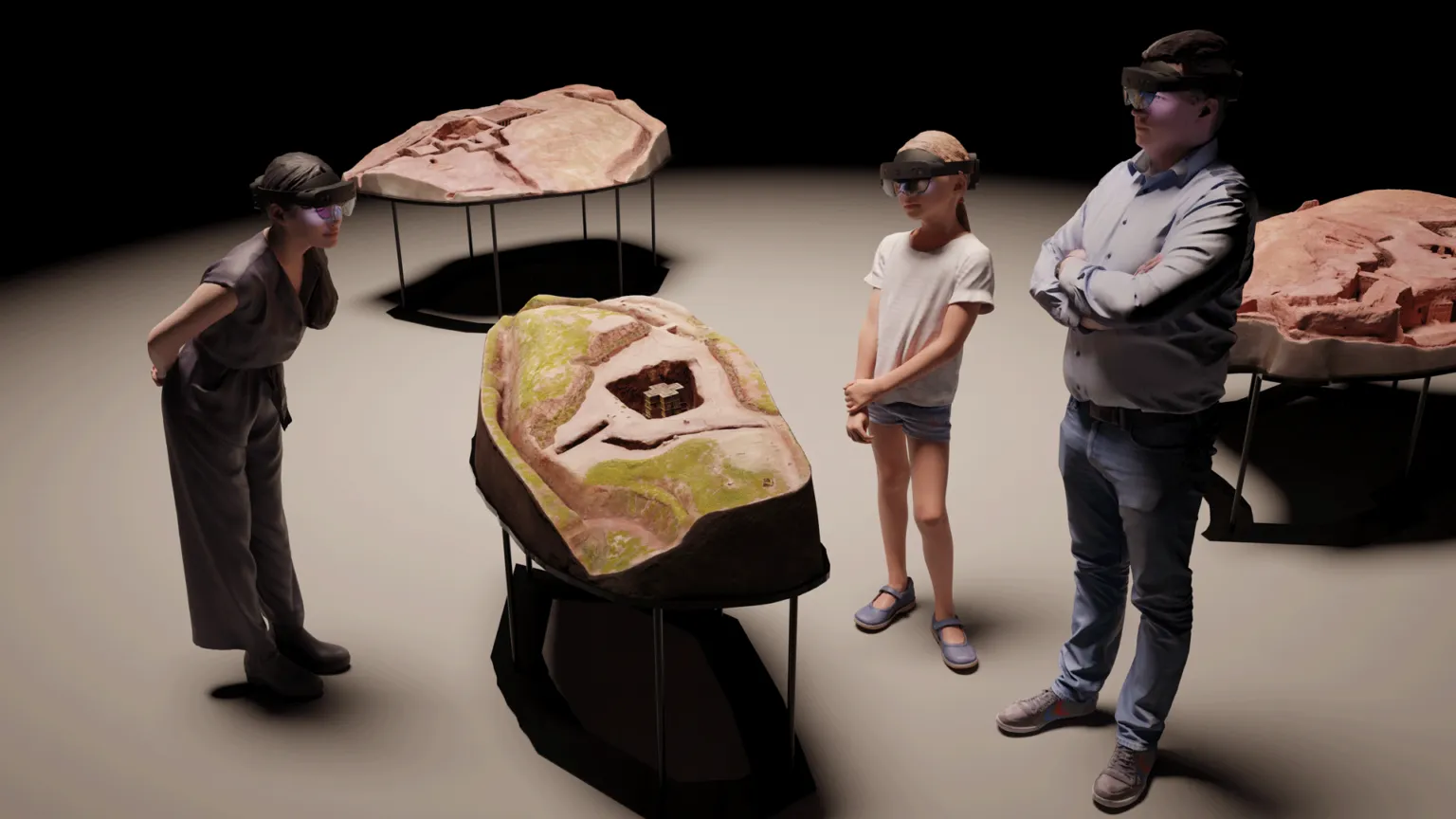 Visitors equipped with mixed reality headsets discovering the XR model of the monolithic Saint George's Church (Bete Giyorgis) in Lalibela, Ethiopia