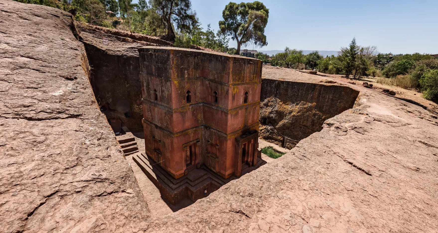 View of the monolithic Church of Saint George (Bete Giyorgis) in Lalibela in Ethiopia, carved into the rock in the shape of a cross