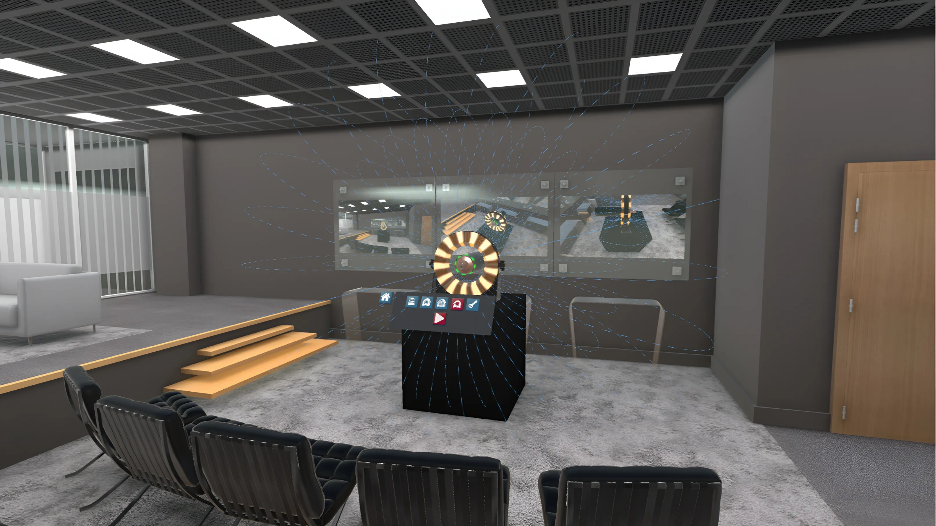 Immersive simulation in the Bmax VR showroom showing the visualization in virtual reality of a physical phenomenon with interactive modeling