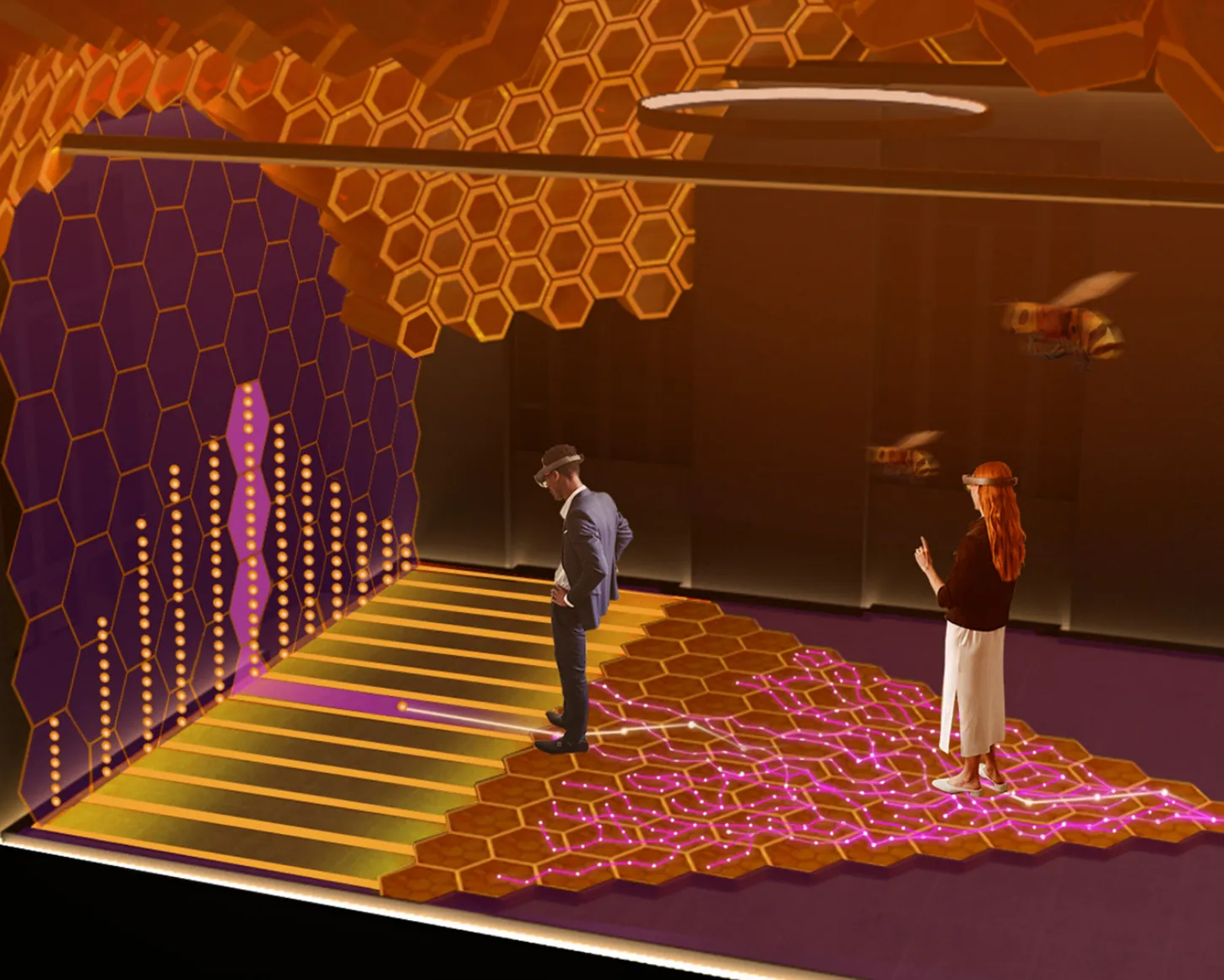 Un utilisateur équipé d’un HoloLens visualisant une planche de Galton représentée sous forme de ruche.