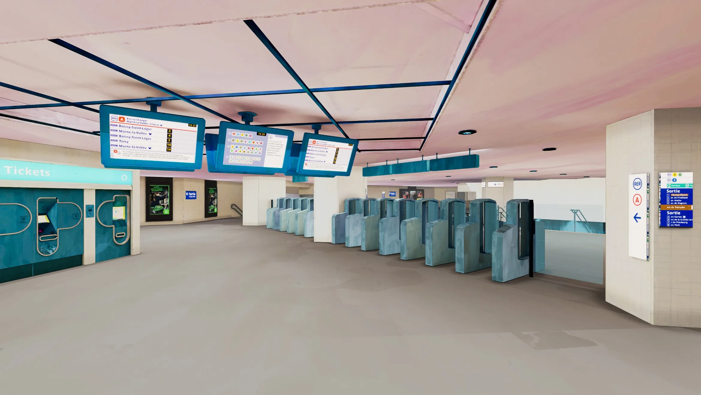 Screenshot of a virtual reality environment simulating an RATP metro station with ticket vending machines, gantries and billboards