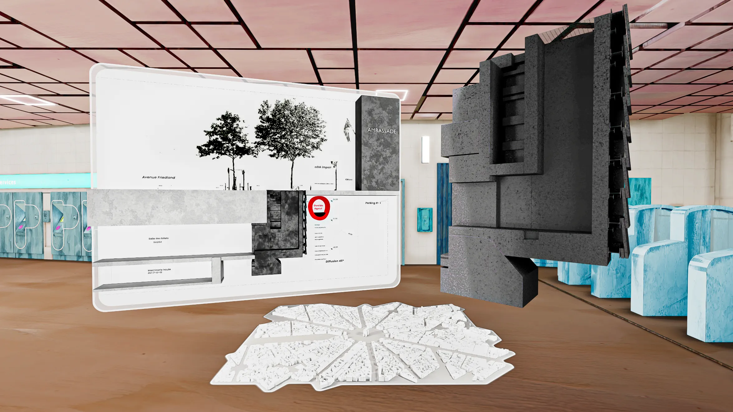 Screenshot of a virtual reality simulation showing a 7-meter armored smoke extraction system, an urban map, and design elements in a virtual subway station