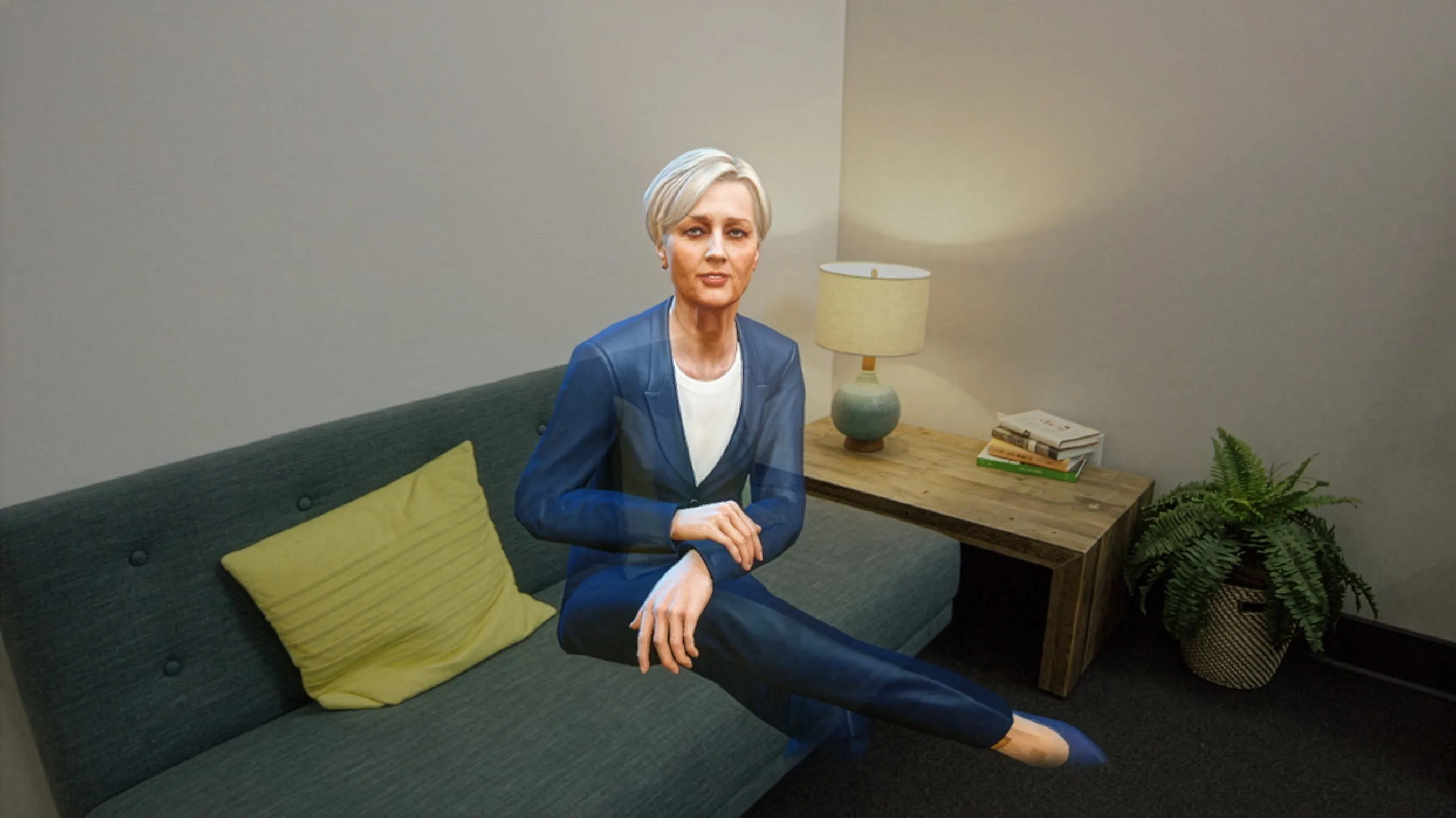 Femme virtuelle en 3D assise sur un canapé dans un salon, avatar holographique pour Fragments