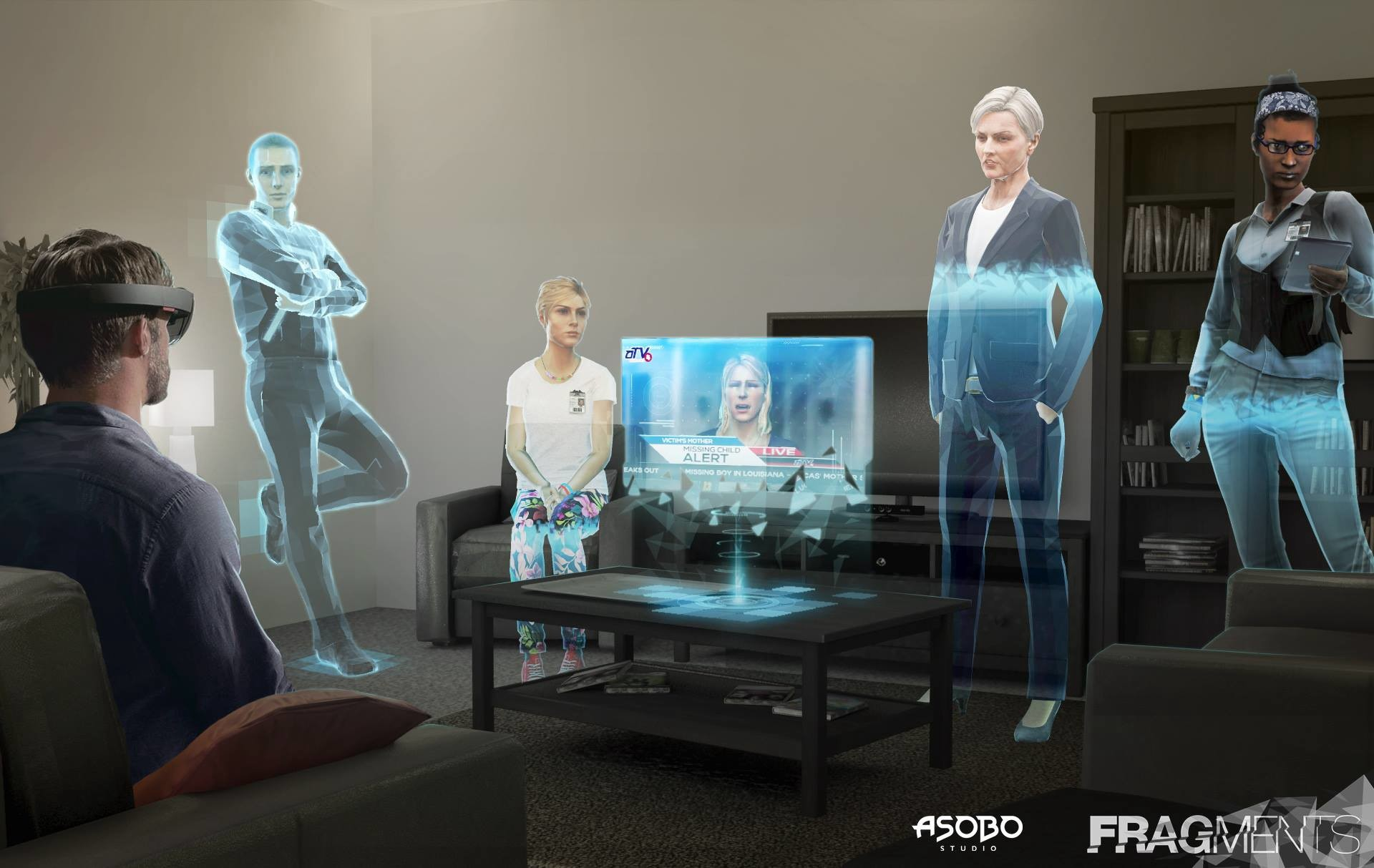 User wearing a HoloLens headset interacting with holographic characters in their living room, immersive experience from the game Fragments developed by Asobo Studio