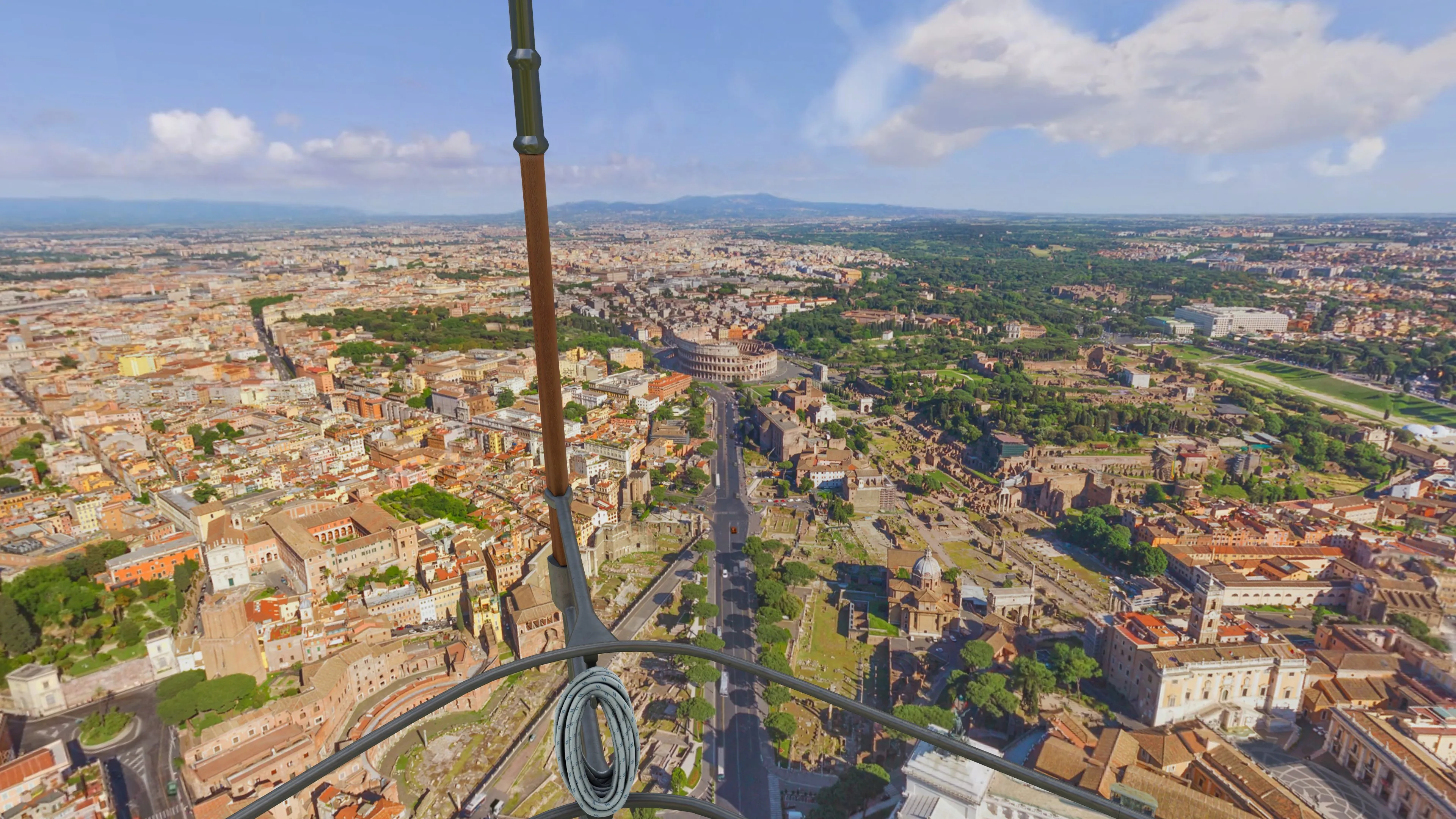 Capture of HoloTour showing an aerial panoramic view of Rome and the Colosseum from a virtual hot air balloon, illustrating the impossible perspectives made possible by mixed reality on HoloLens.