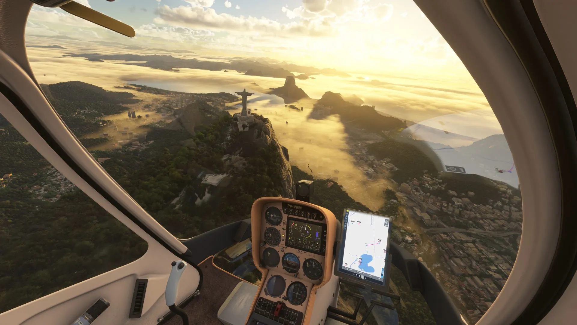Cockpit d’hélicoptère dans Microsoft Flight Simulator VR au coucher du soleil, montrant la lumière dynamique et l’immersion offerte par la réalité virtuelle.