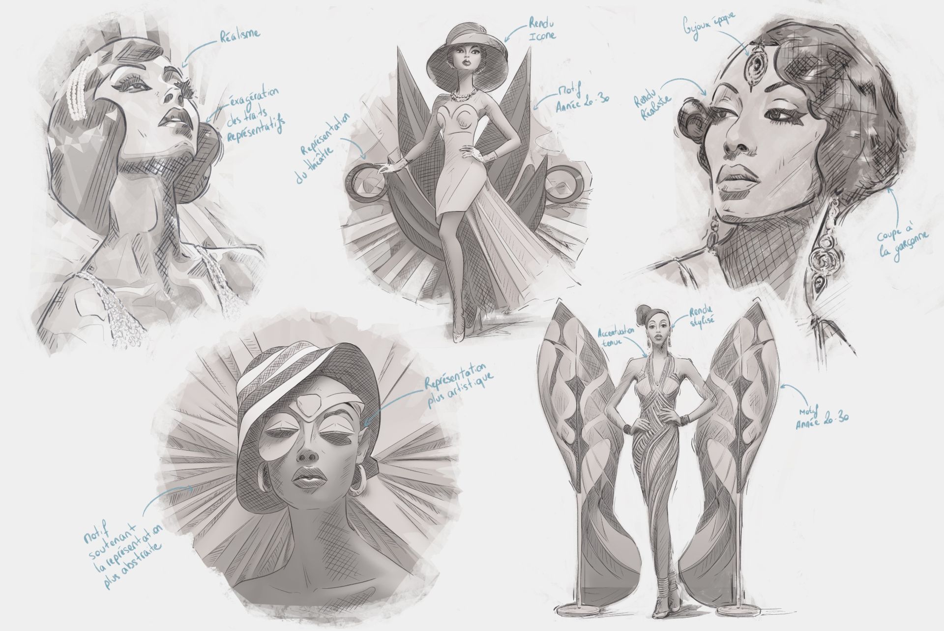 Concept sketches of Josephine Baker created by HoloForge, exploring various visual styles inspired by the 1930s: realism, iconic rendering, artistic and stylized representation, with notes on Art Deco patterns, period jewelry, and iconic haircuts.