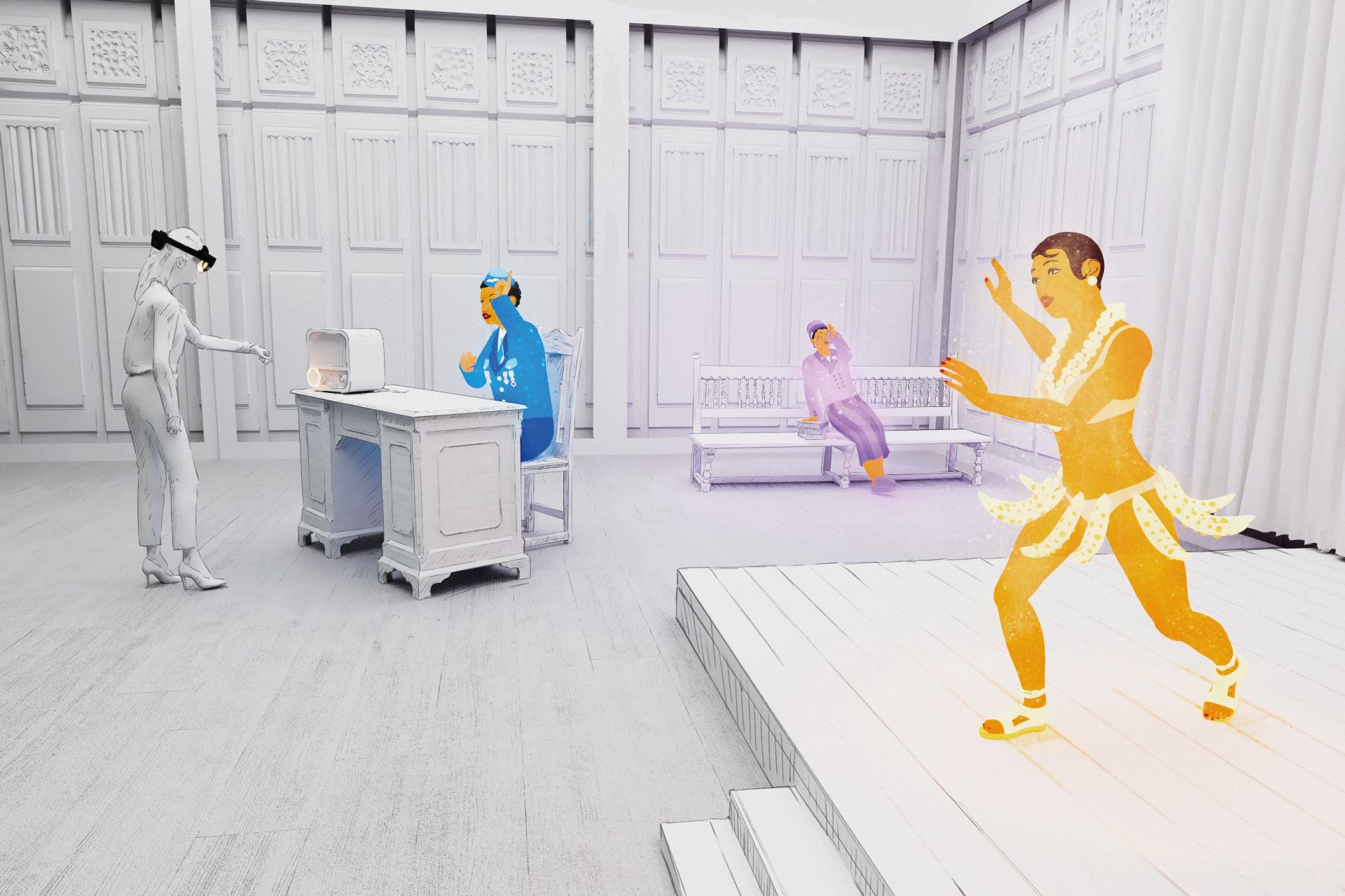 Immersive scene combining mixed reality and illustration: a participant equipped with an XR headset interacts with a connected radio while three colorful characters represent the different chapters in the life of Josephine Baker, the dancer, the dancer, the resistance fighter and the activist.