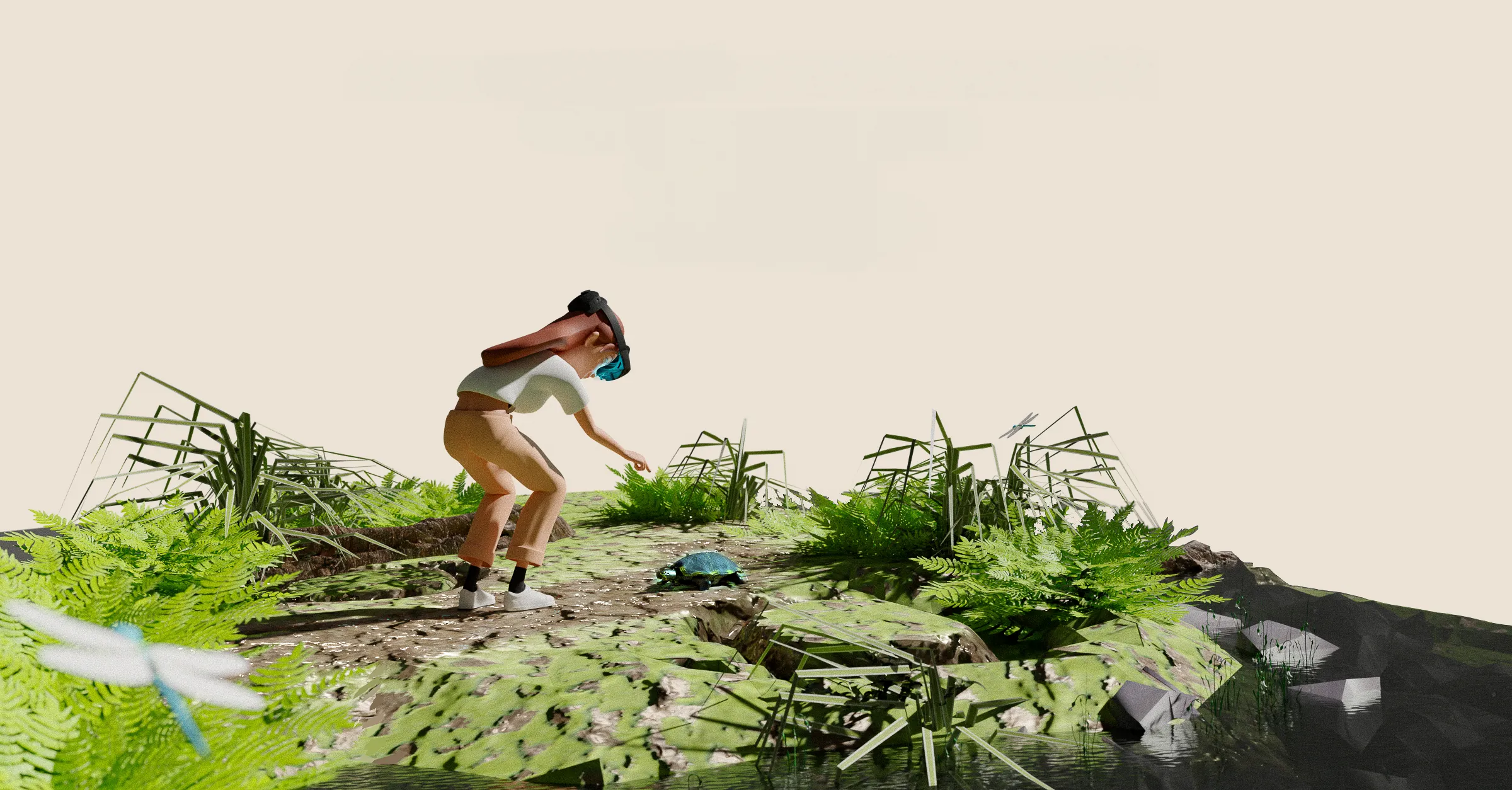 Illustration of a woman wearing a mixed reality headset observing a virtual turtle at the edge of a swamp, symbolizing the discovery of fauna and flora in the Dunes & Forests project conducted with the ONF.