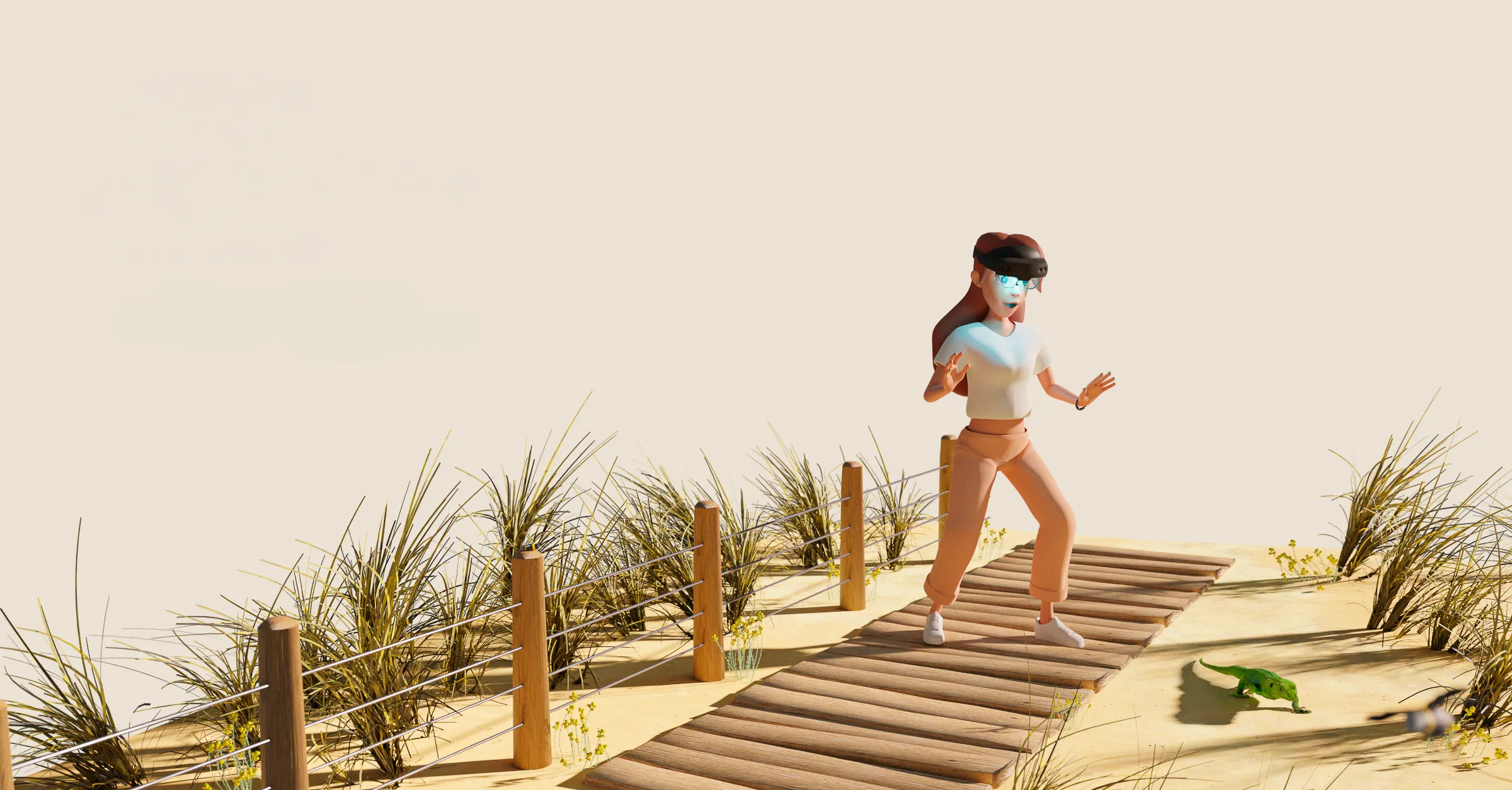 Illustration of a woman equipped with a mixed reality headset discovering a virtual lizard on a dune, representing the immersive Dunes & Forêts experience created with the National Forestry Office and Cap Sciences to raise awareness of coastal biodiversity.