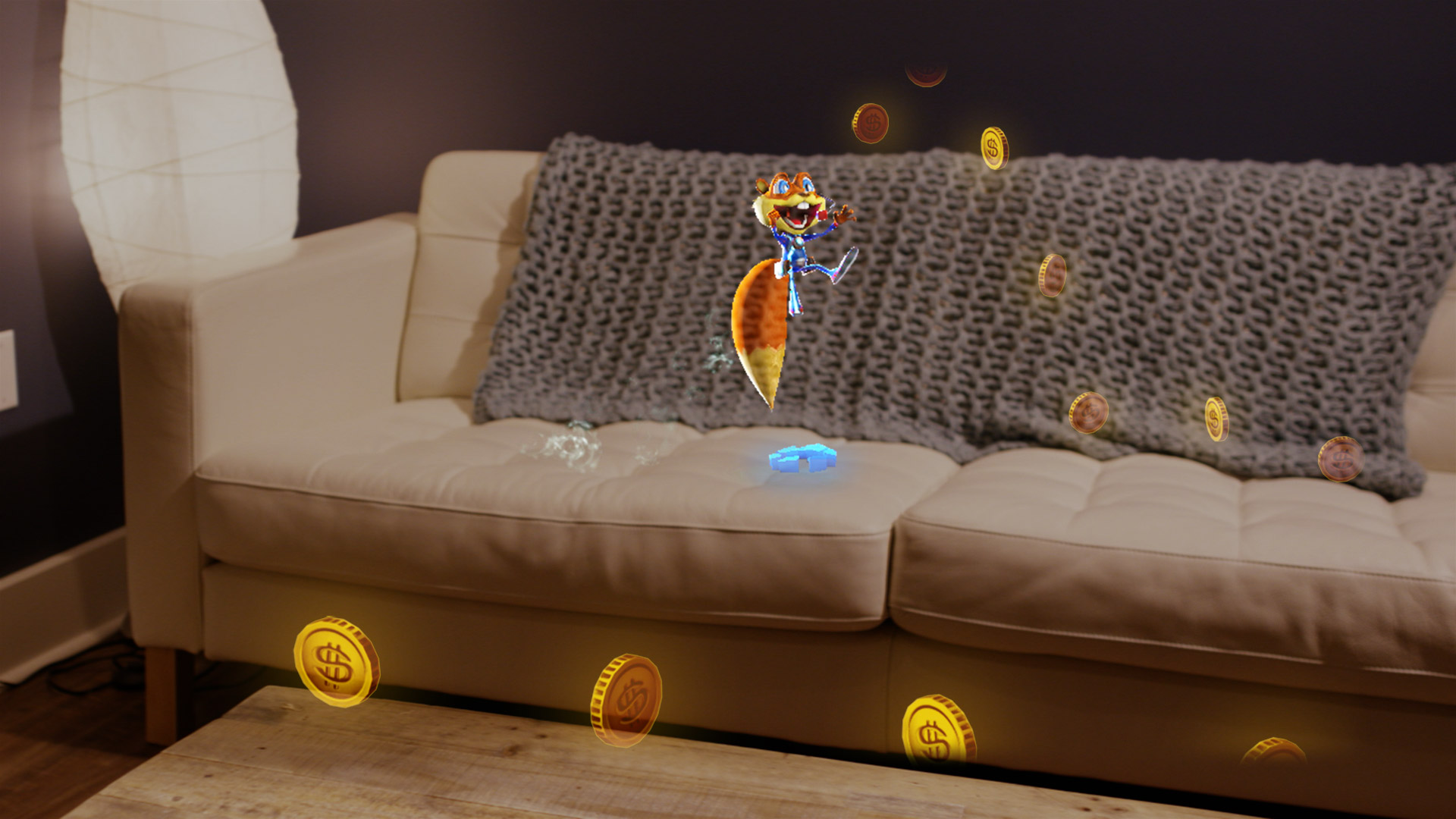 Young Conker mixed reality game with holograms and virtual coins appearing in a living room thanks to the HoloLens headset.