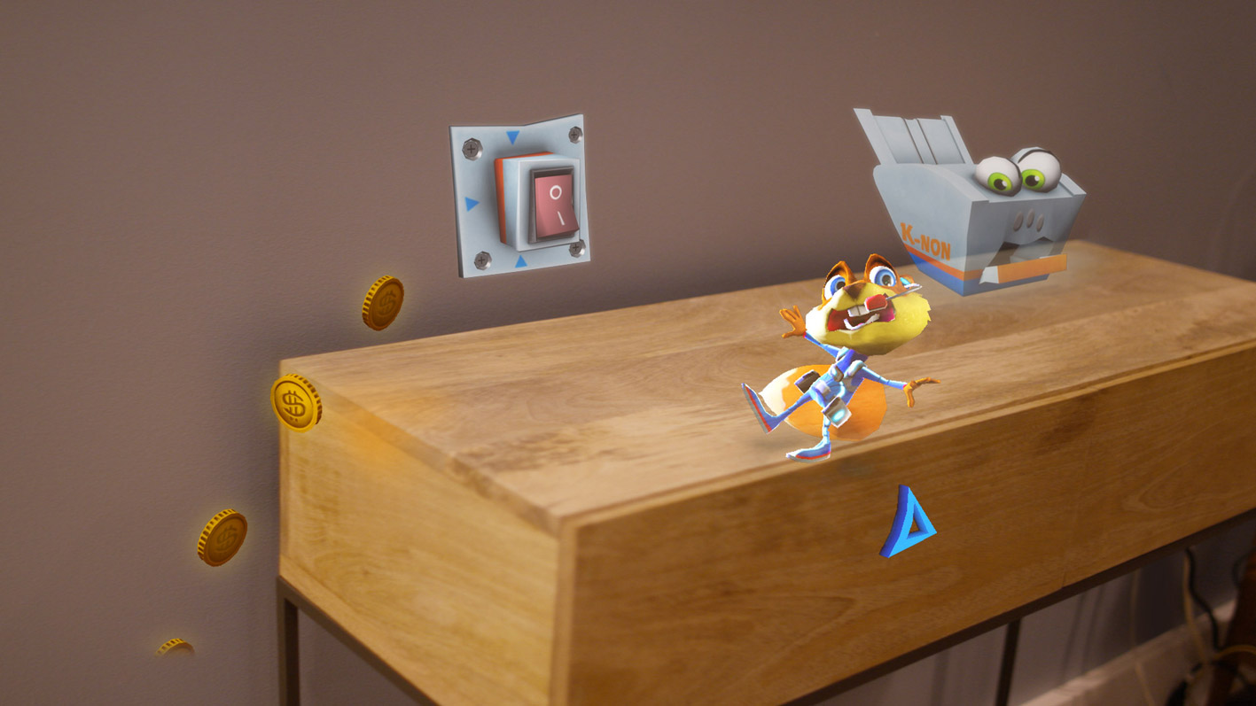 Holographic character from the game Young Conker interacting with real objects and virtual elements on furniture.