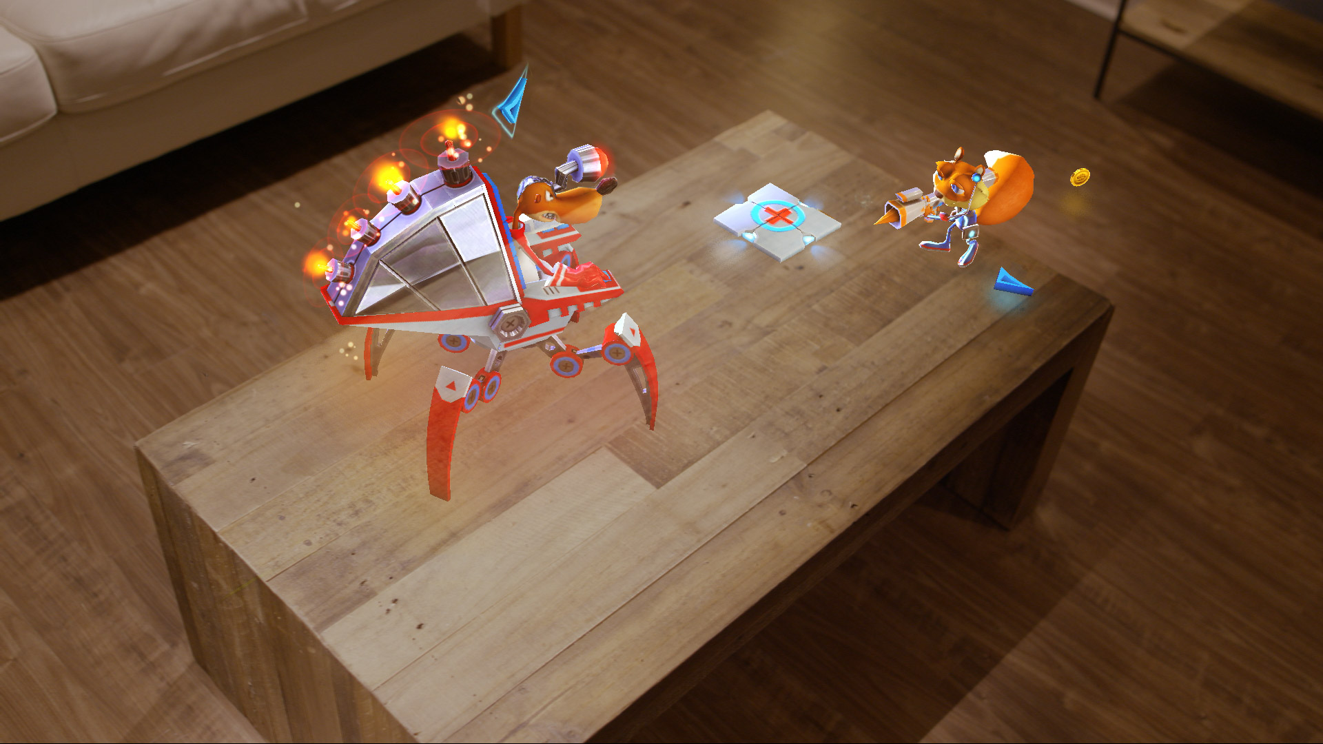 Young Conker mixed reality game with holograms and virtual coins appearing in a living room thanks to the HoloLens headset.