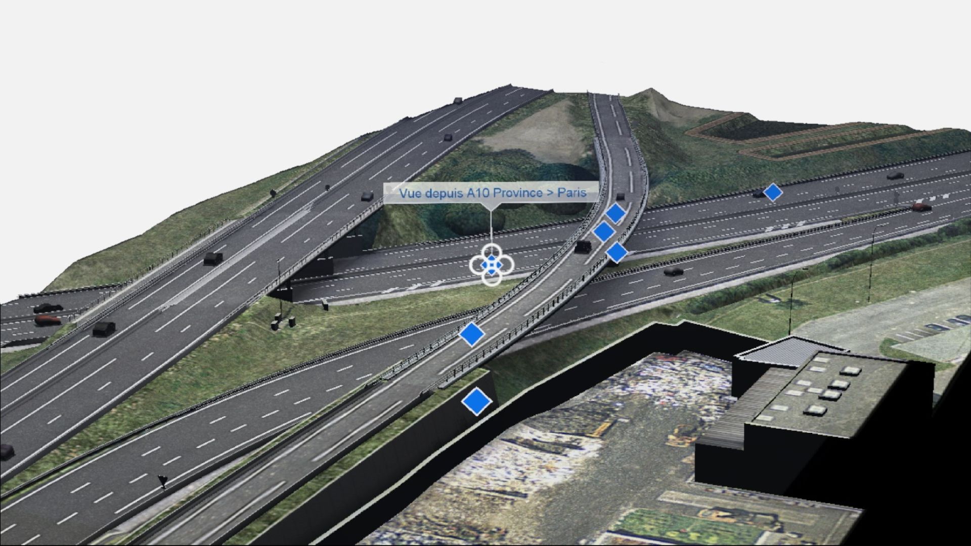 Interactive 3D view of a motorway interchange on the VINCI Autoroute project, making it possible to visualize the A10 route in augmented reality using the HoloForge Interactive application.