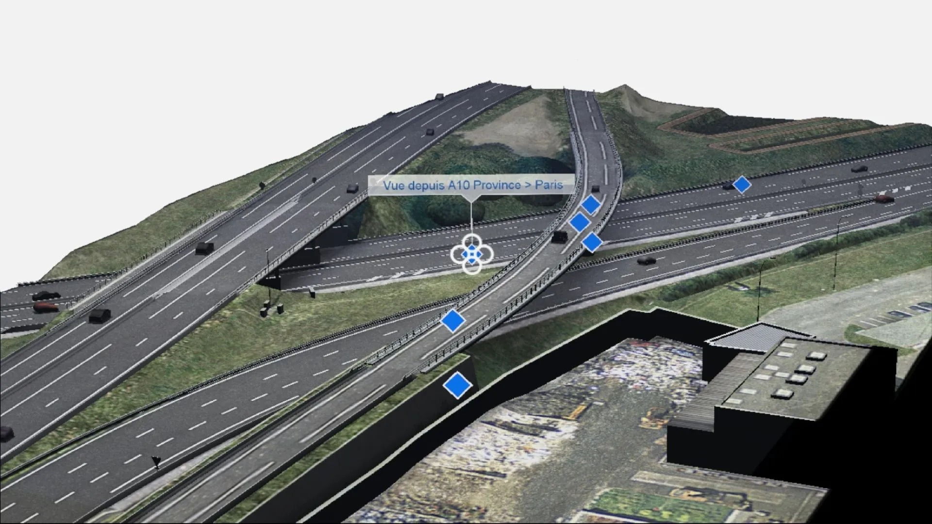 Vue 3D interactive d’un échangeur autoroutier sur le projet VINCI Autoroutes, permettant de visualiser le tracé de l’A10 en réalité augmentée grâce à l’application HoloForge Interactive.