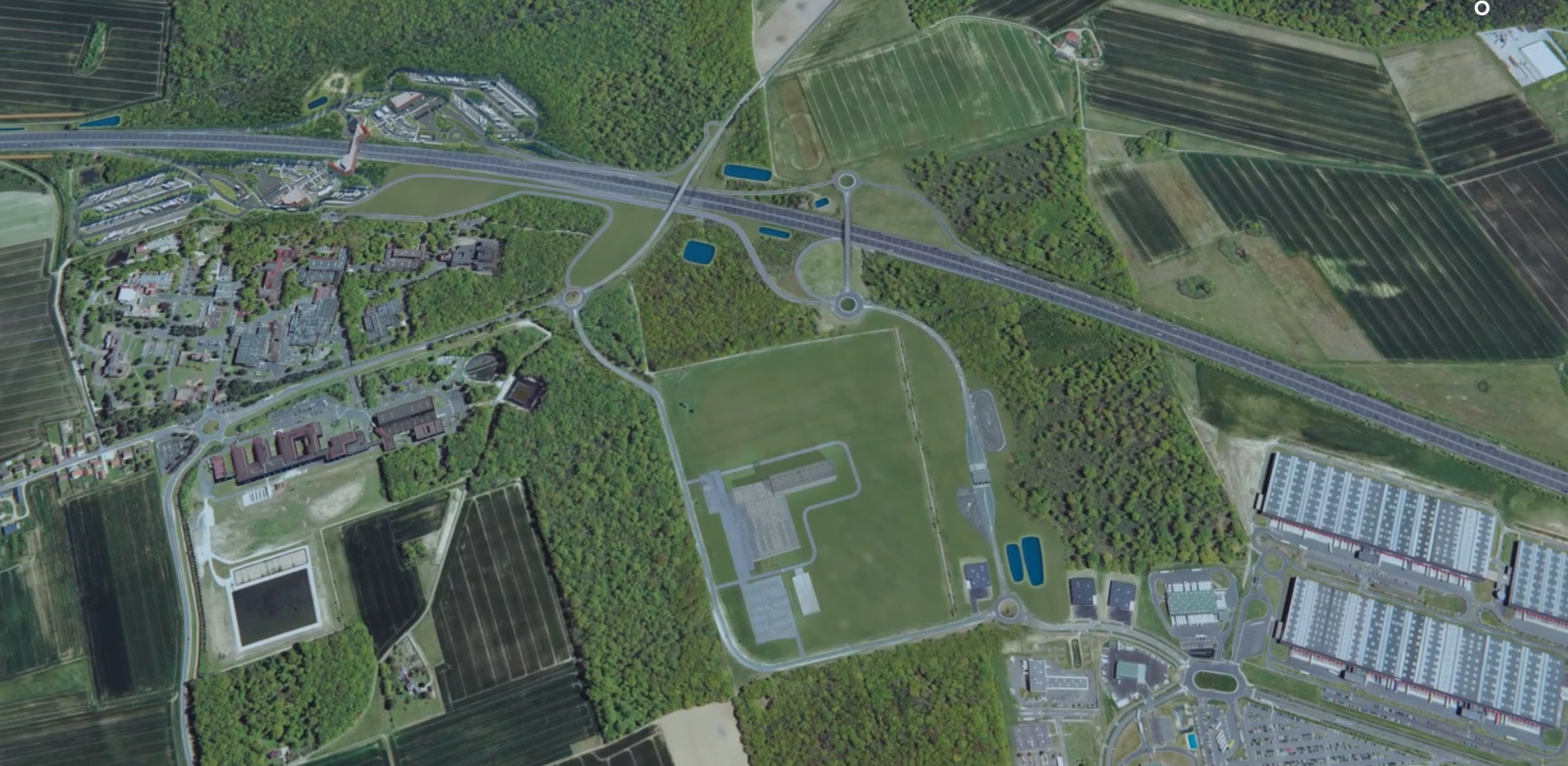 Aerial view of a VINCI motorway development project presented in mixed reality, illustrating the integration of infrastructures into their natural and urban environment.