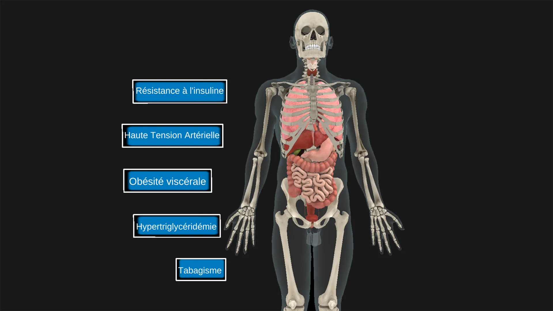 Interface interactive en réalité mixte présentant les cinq facteurs de risque de l’hypertrophie bénigne de la prostate dans le projet OSCAR, développé par HoloForge Interactive pour Pierre Fabre.