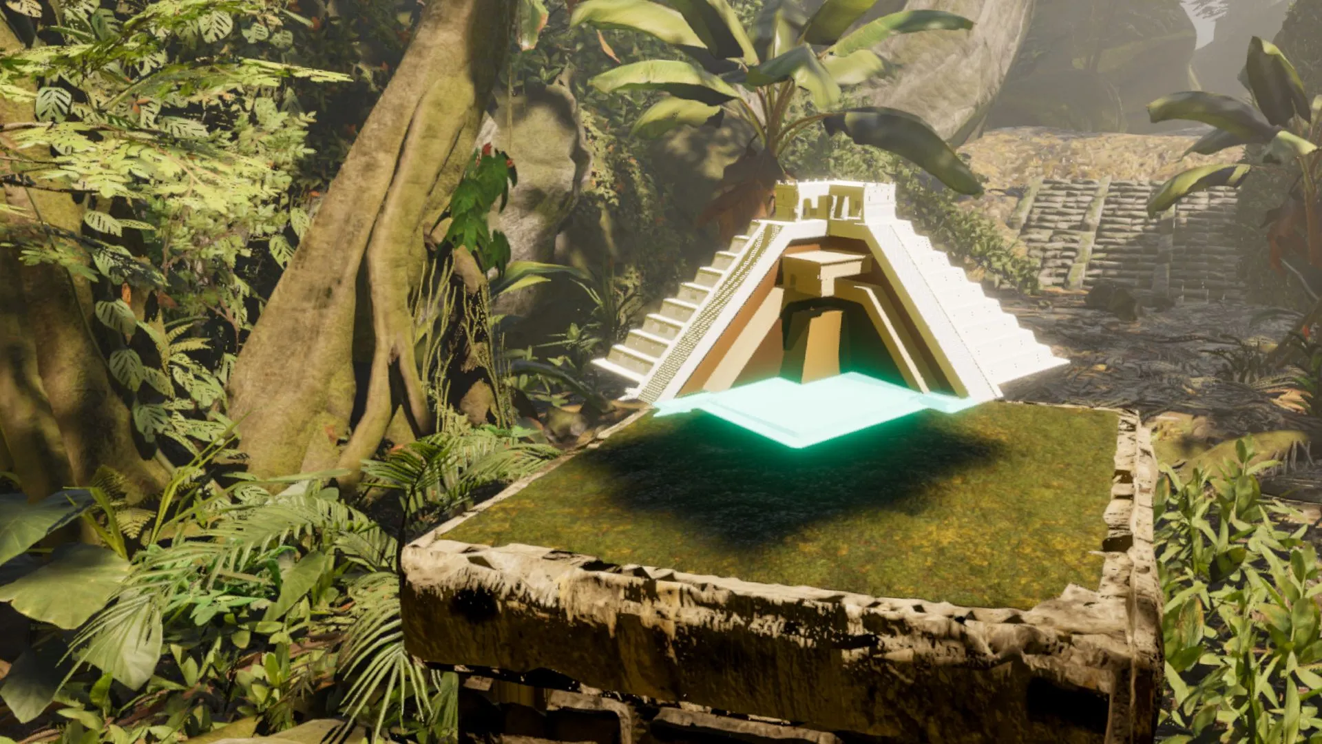 Représentation virtuelle du temple maya de Chichen Itza entouré de jungle dans une expérience immersive en réalité mixte