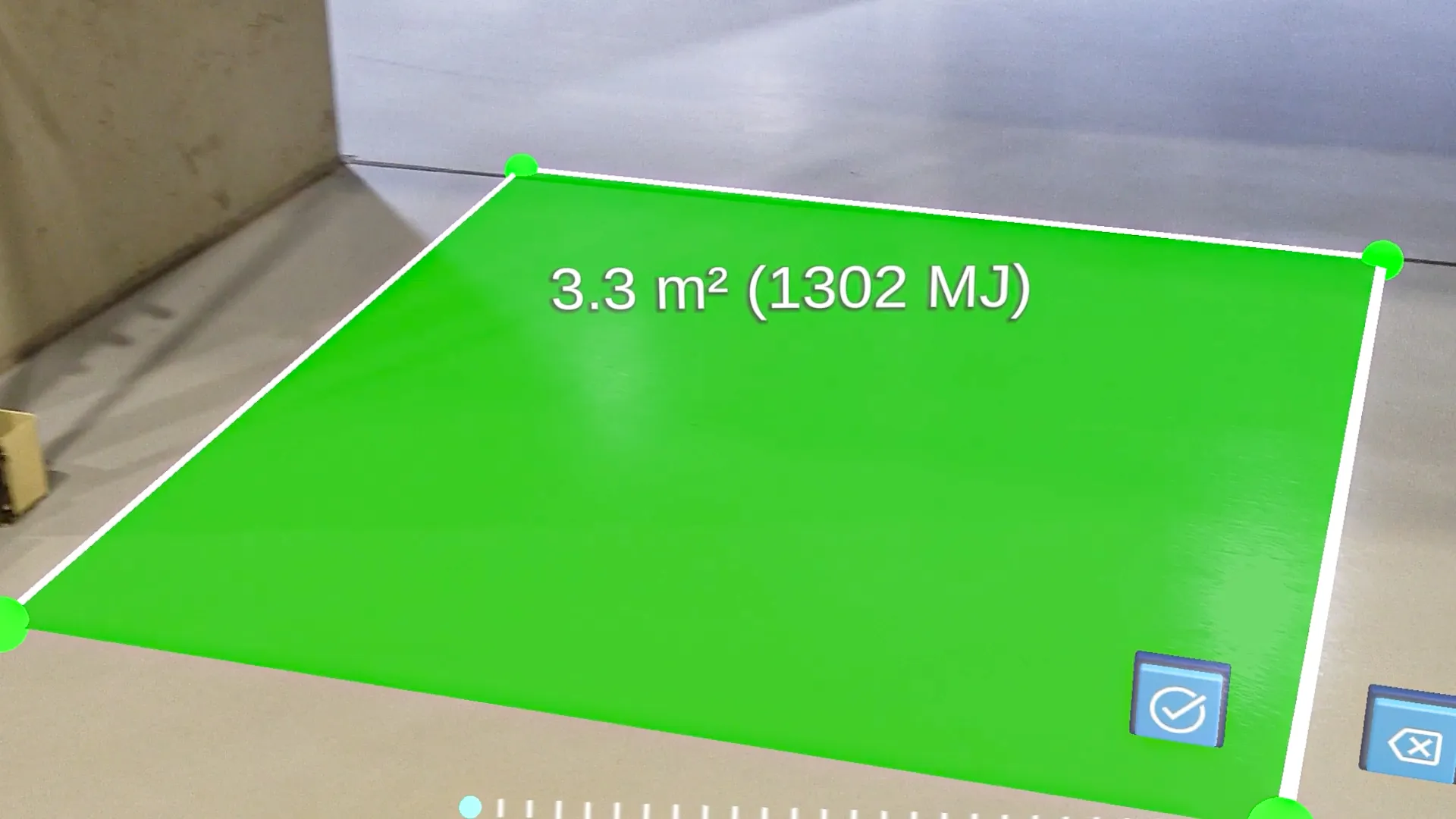 Augmented reality display of a storage area with automatic calculation of megajoules to comply with plant safety regulations