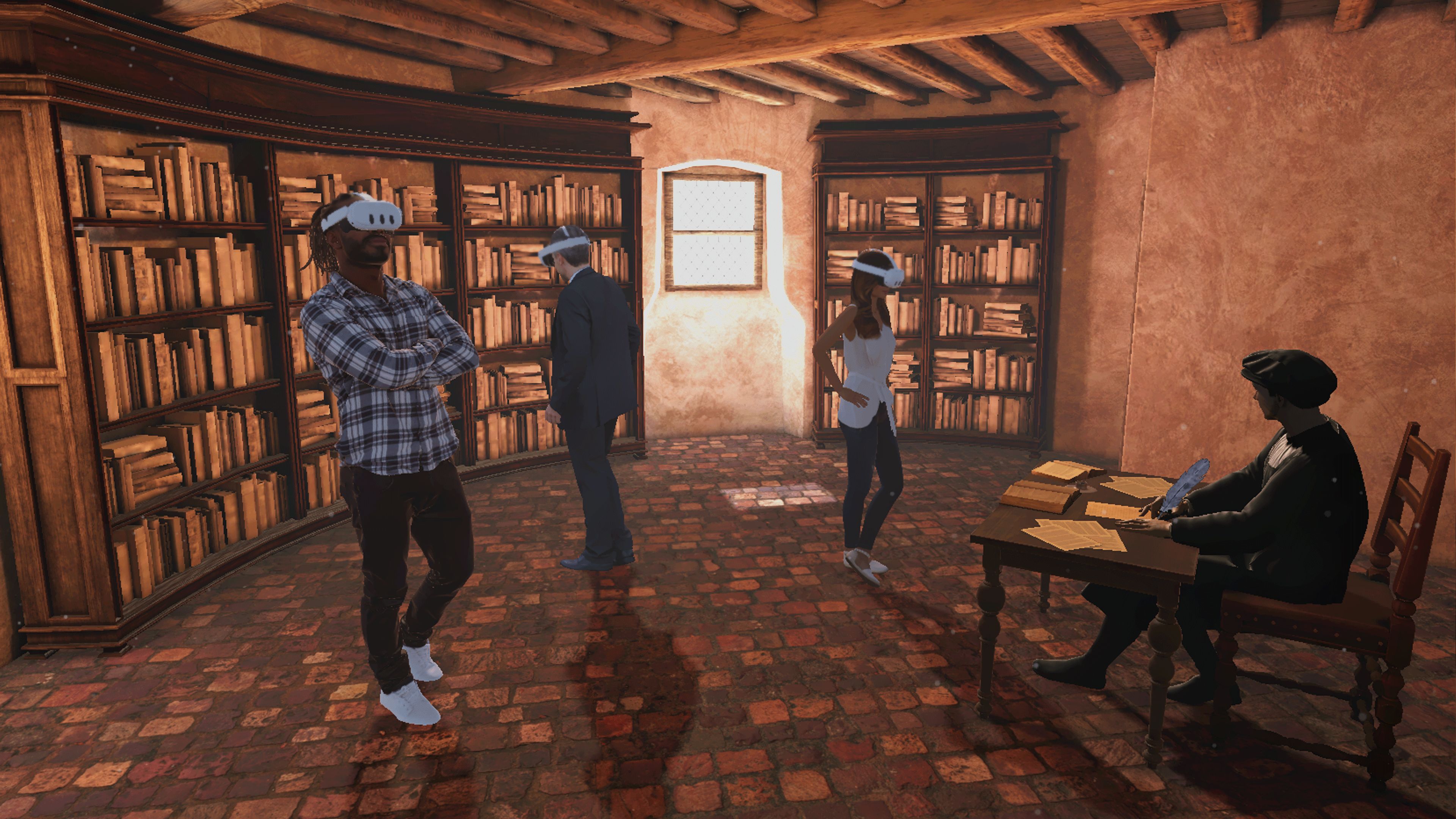 Participants explorant la librairie circulaire de Montaigne en VR, au cœur d’une reconstitution Renaissance développée avec les Bibliothèques de Bordeaux