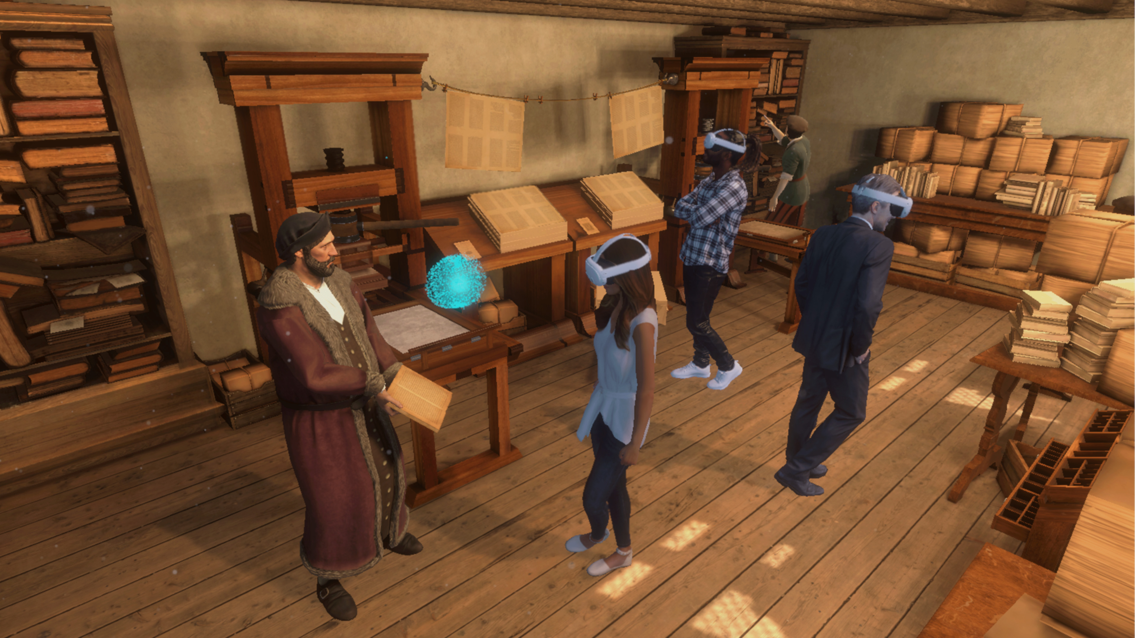 Visiteurs en casque VR découvrant une reconstitution de l’atelier d’imprimerie bordelais du XVIe siècle dans l’expérience immersive Montaigne